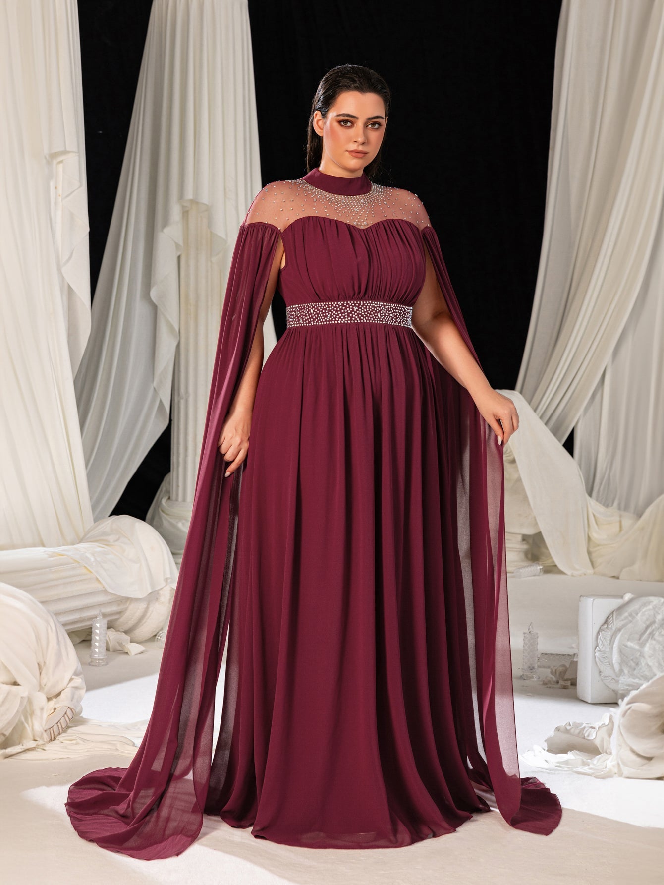 High Neck Chiffon with Rhinestone Details