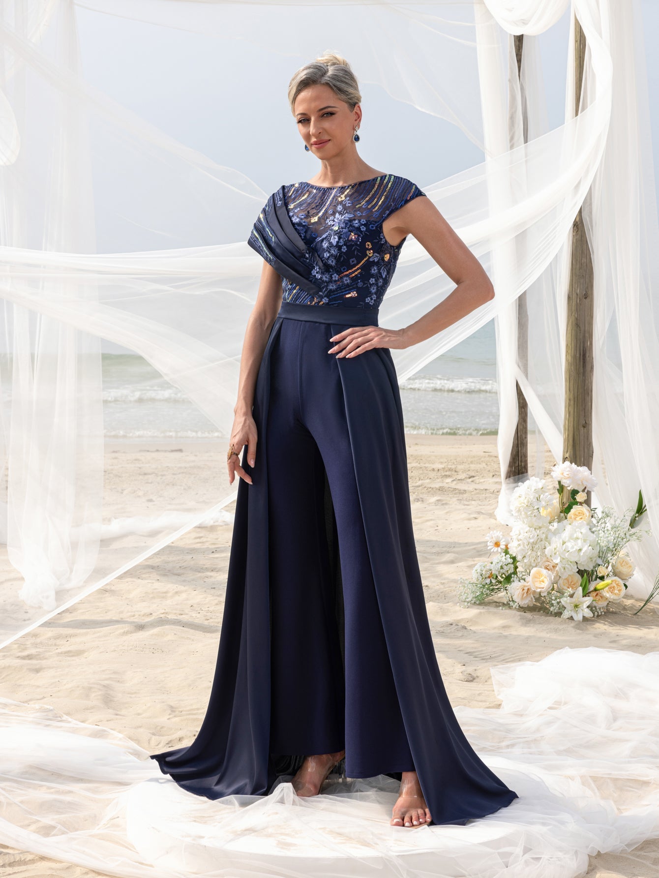 Womens' Elegant Beaded & Sequined Satin Jumpsuit with V-Neckline, Low Back & Flowing Skirt – Glamorous Evening Wear