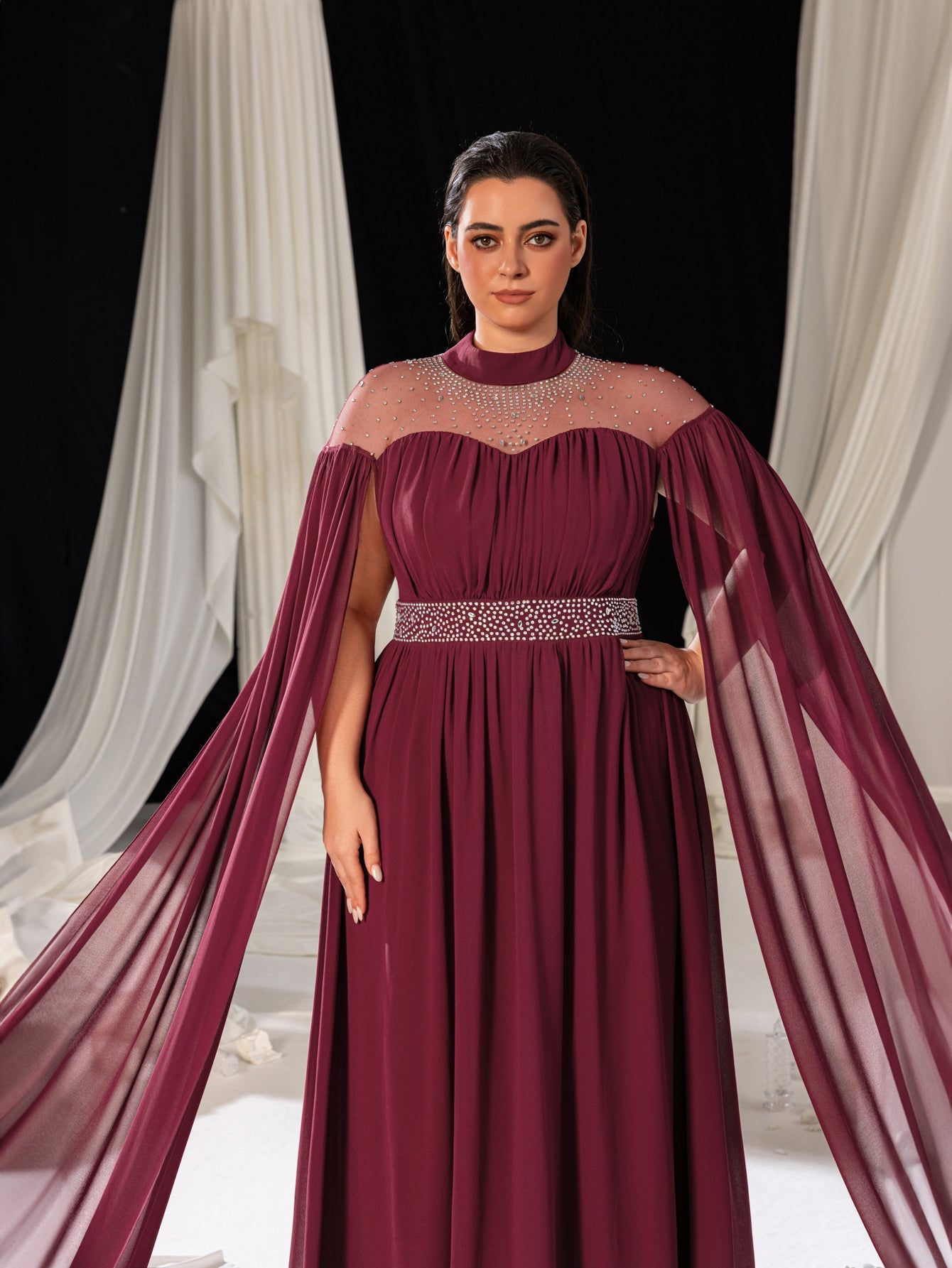 High Neck Chiffon with Rhinestone Details