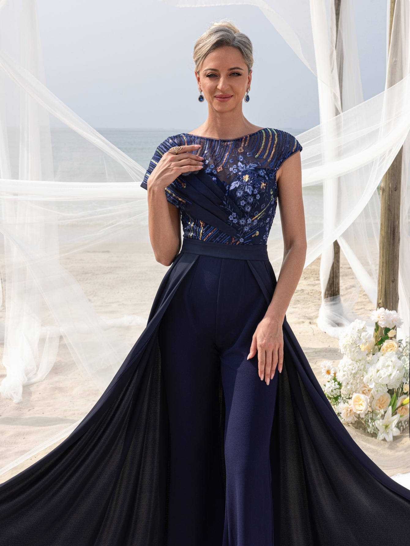 Womens' Elegant Beaded & Sequined Satin Jumpsuit with V-Neckline, Low Back & Flowing Skirt – Glamorous Evening Wear