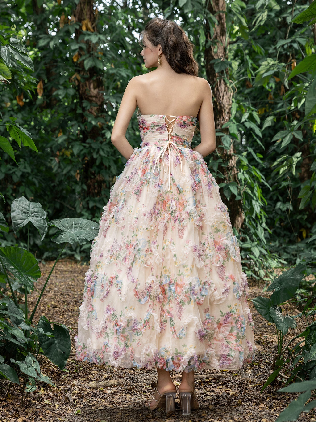 Midi Twist Front Ruffle Trim Floral Tulle Party Tube Dress Apricot / L Midi Twist Front Ruffle Trim Floral Tulle Party Tube Dress Apricot / L