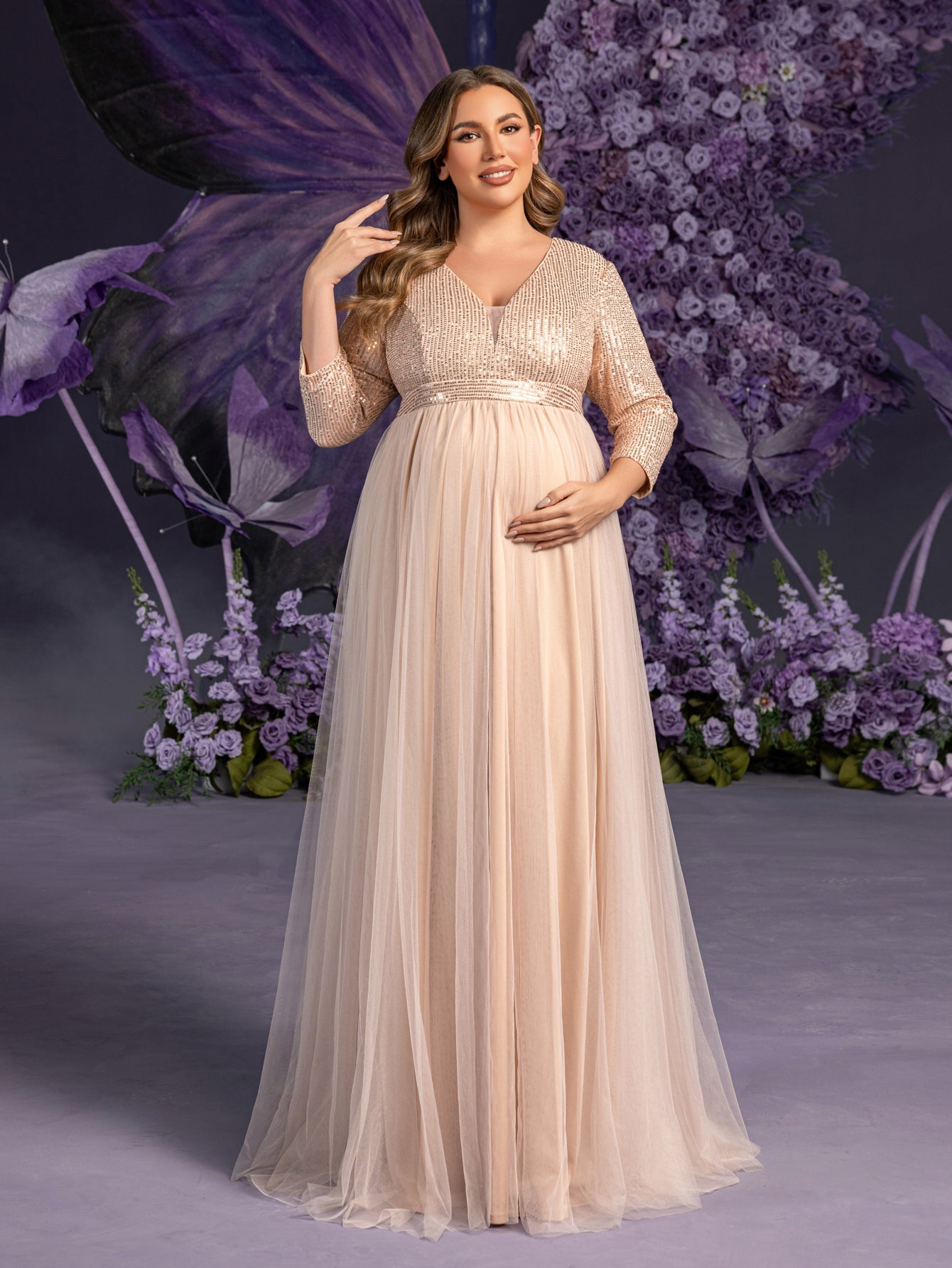Plus Maternity  Plunging Neck 3/4 Sleeves Sequin Formal Party Dress