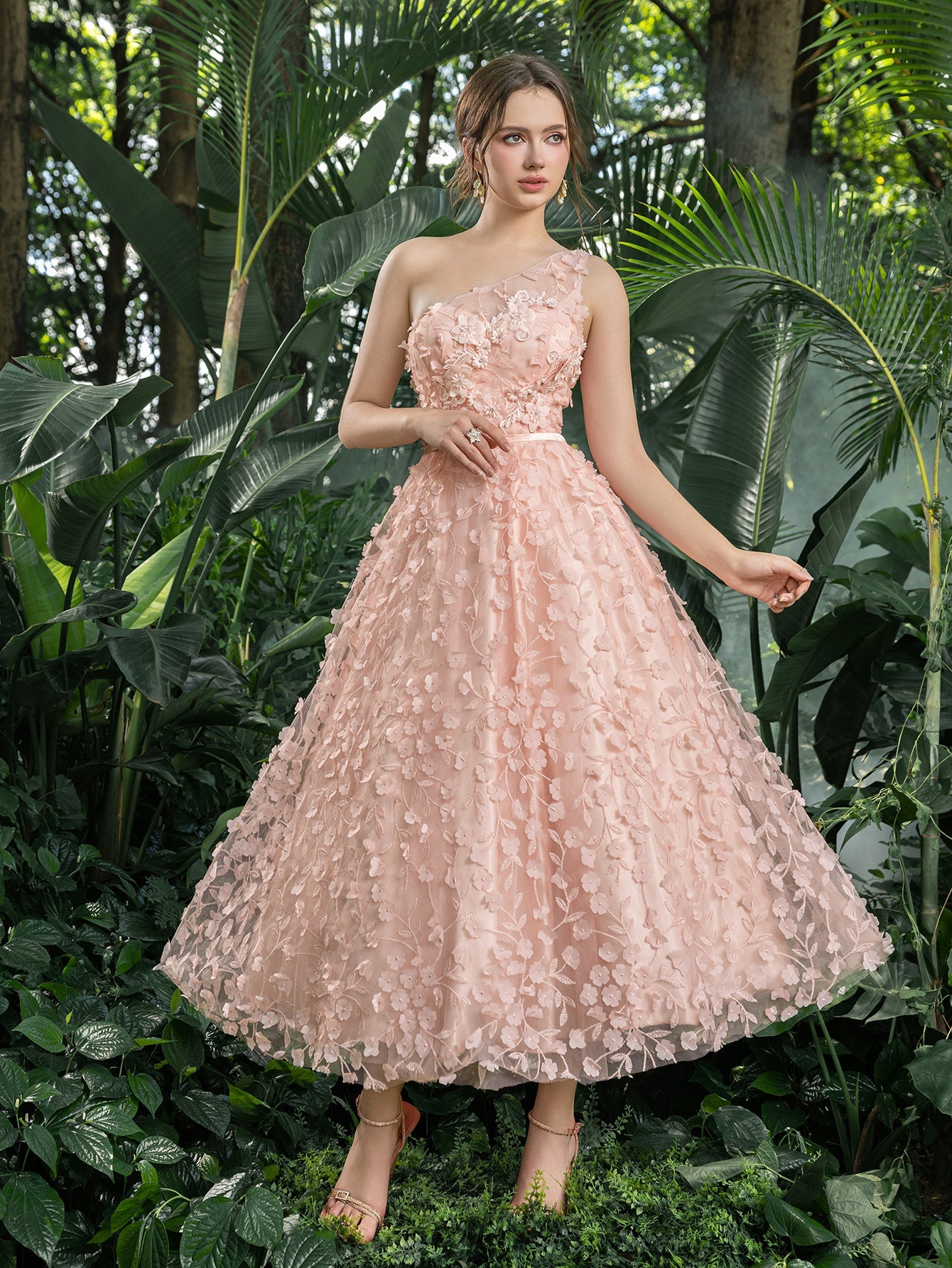 applique dress Elegant Floral Applique Midi Gown with Voluminous Skirt – Spring/Summ Dark Green / XS