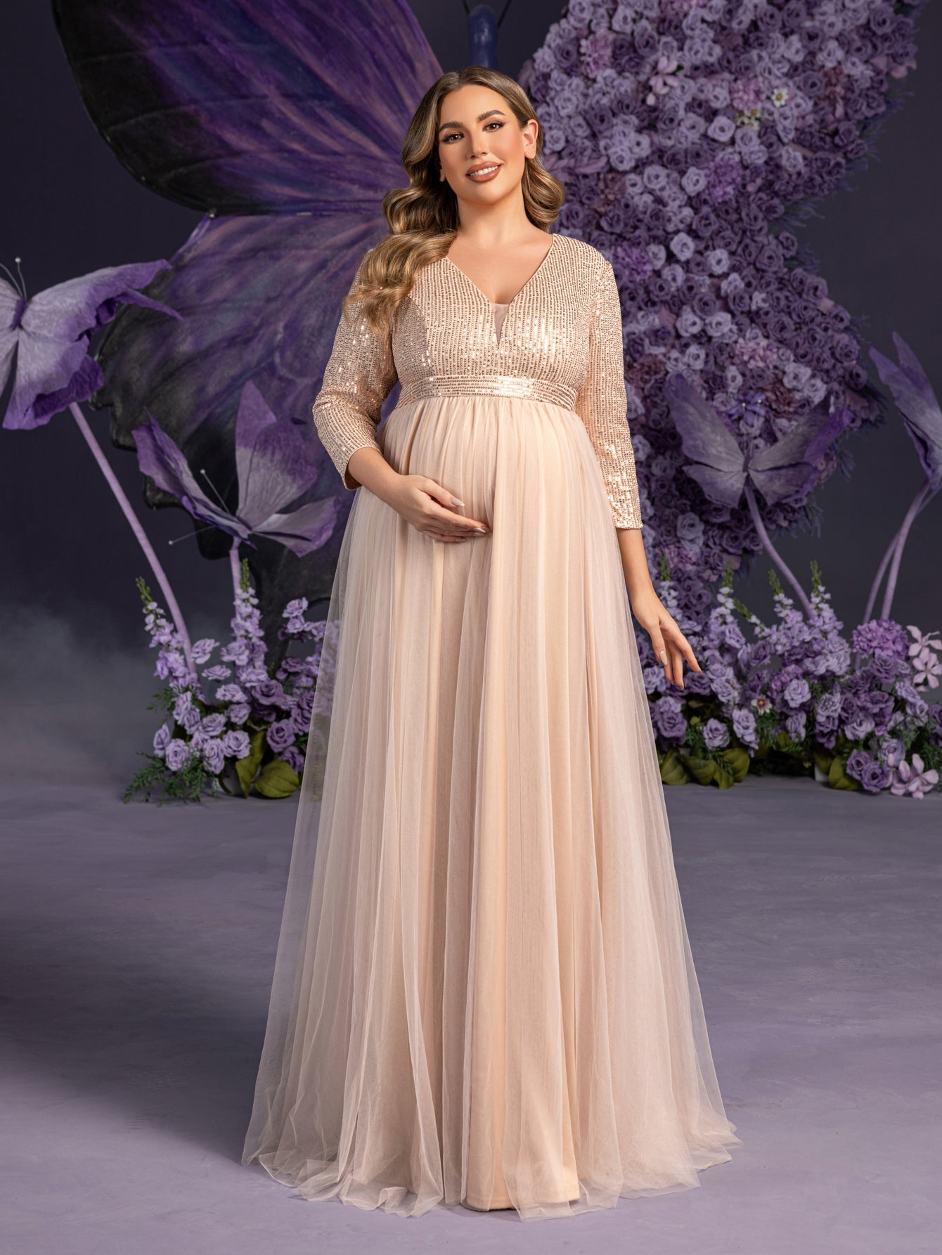 Plus Maternity  Plunging Neck 3/4 Sleeves Sequin Formal Party Dress