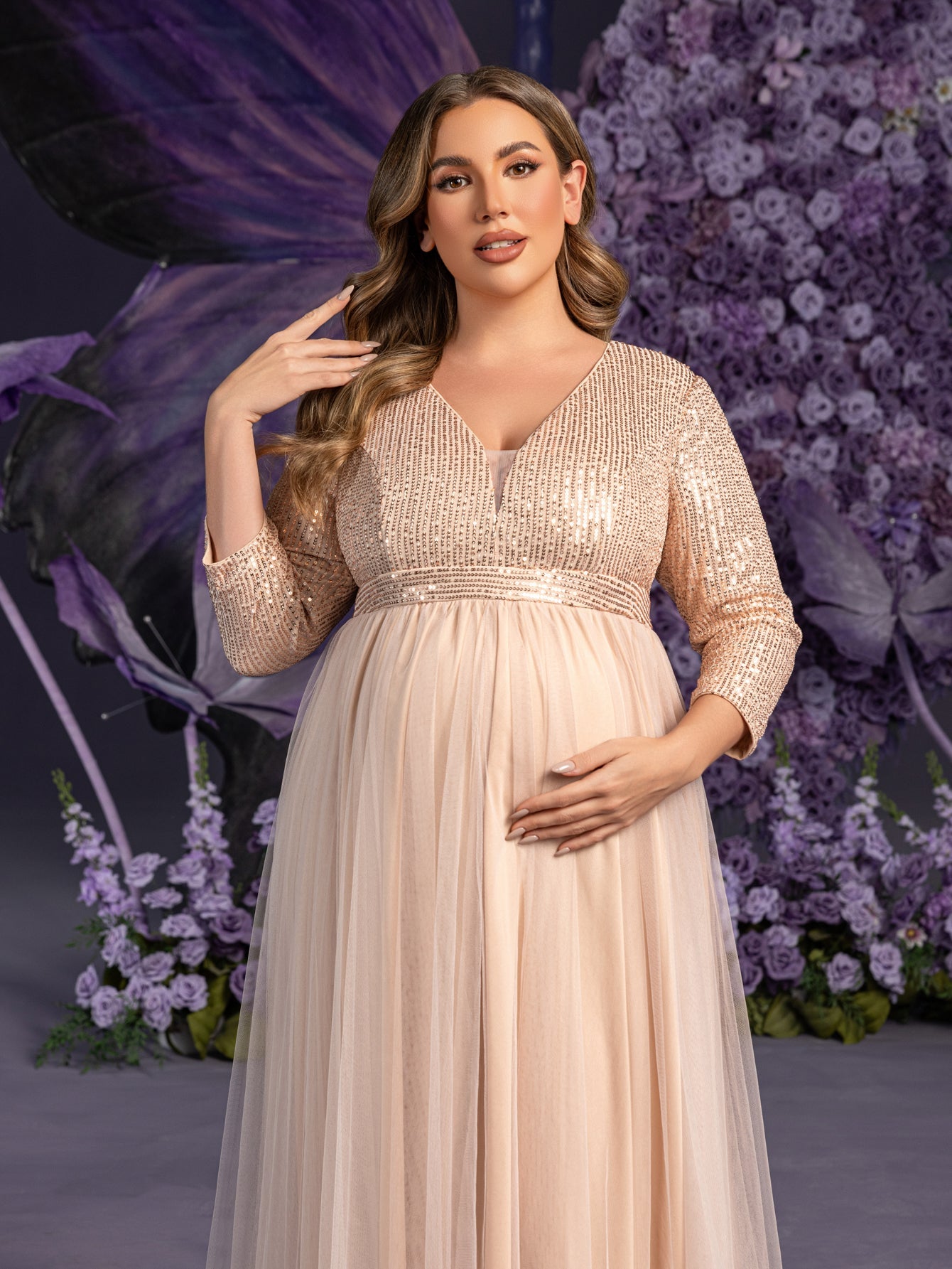 Plus Maternity  Plunging Neck 3/4 Sleeves Sequin Formal Party Dress