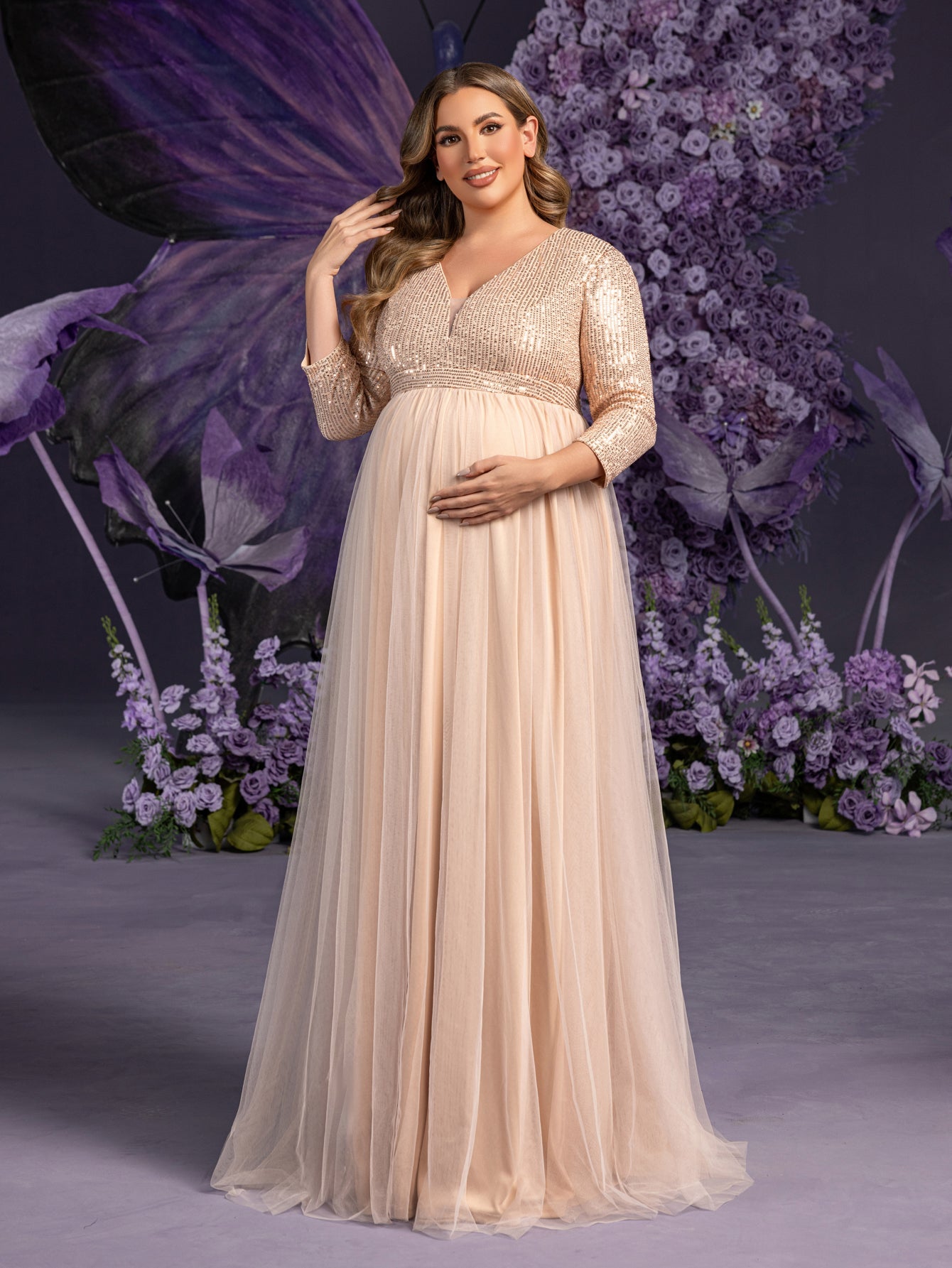 Plus Maternity  Plunging Neck 3/4 Sleeves Sequin Formal Party Dress