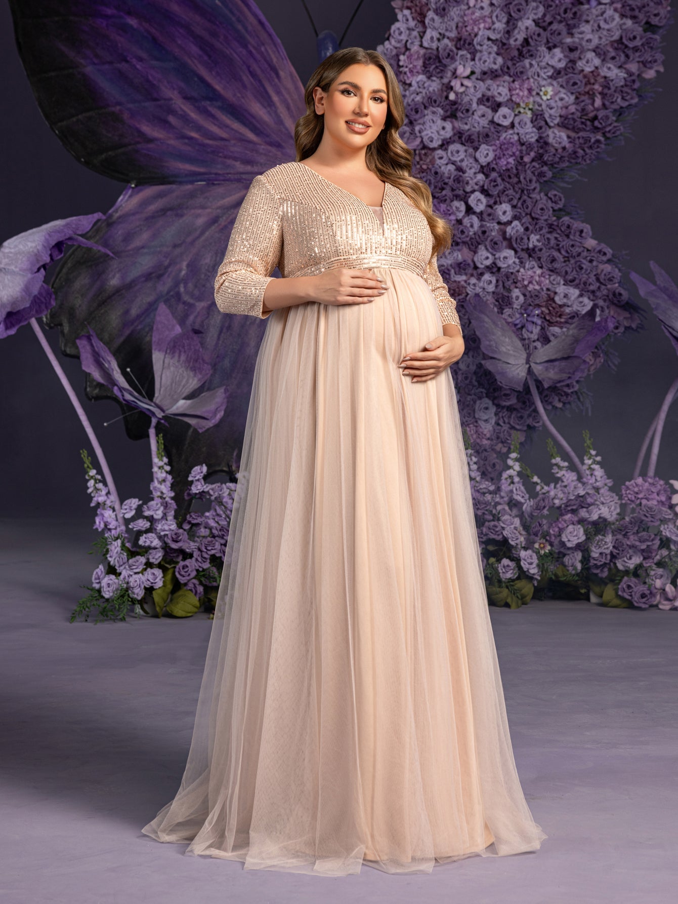Plus Maternity  Plunging Neck 3/4 Sleeves Sequin Formal Party Dress