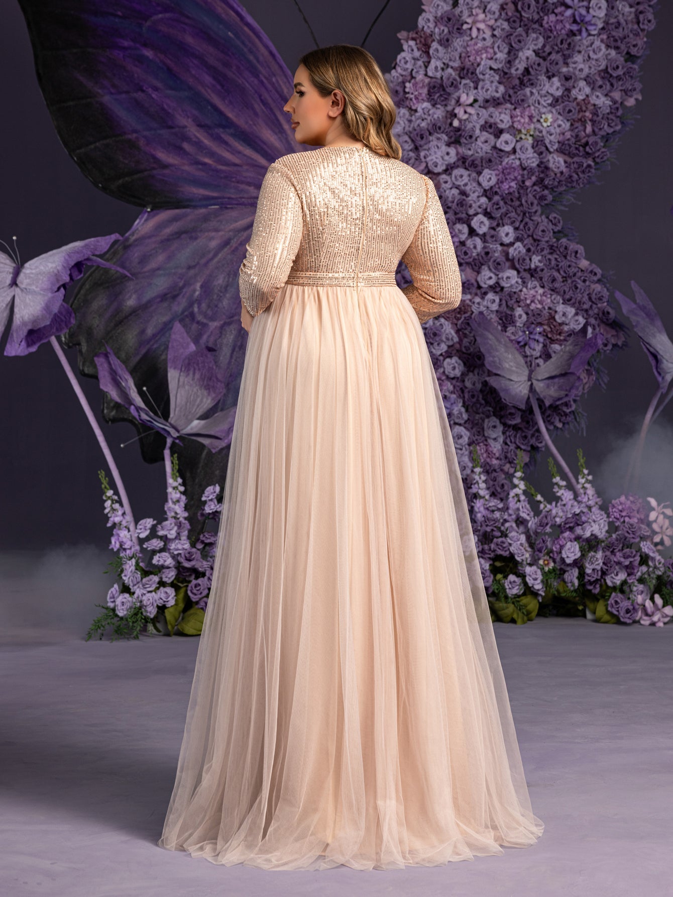 Plus Maternity  Plunging Neck 3/4 Sleeves Sequin Formal Party Dress