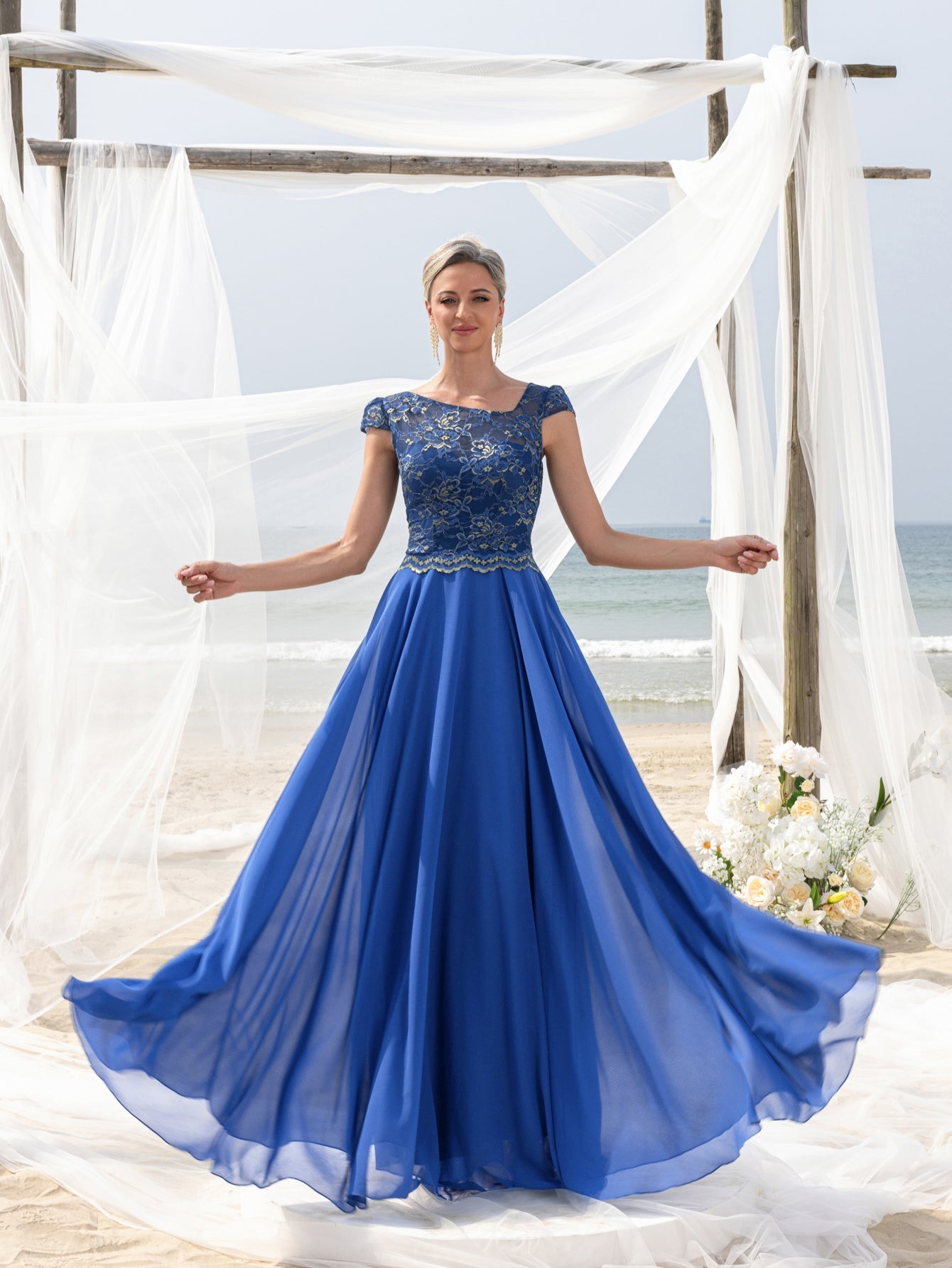 Womens' Elegant Evening Gown: Embroidered Lace Bodice & Flowing Chiffon Skirt – Diagonal Neckline & Cap Sleeves Formal Dress