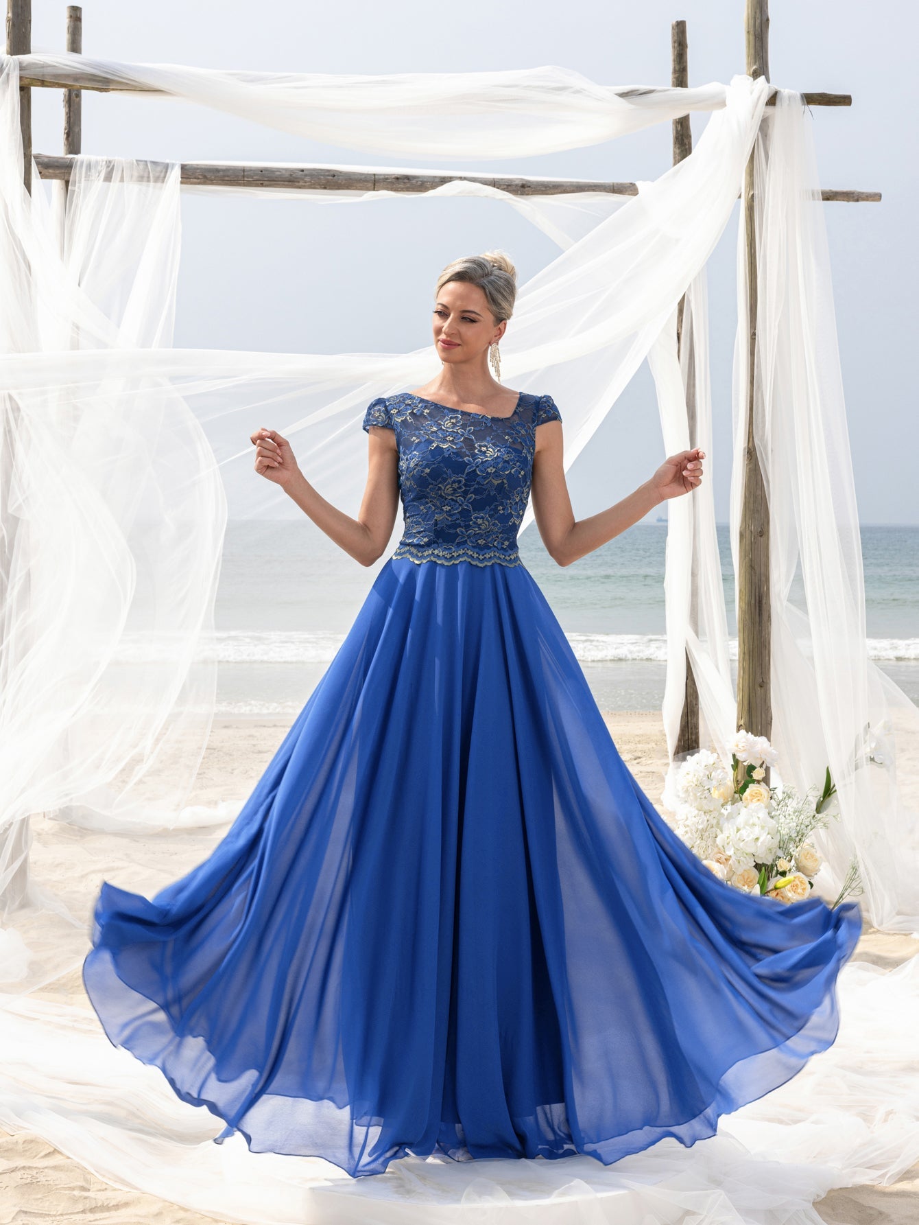 Womens' Elegant Evening Gown: Embroidered Lace Bodice & Flowing Chiffon Skirt – Diagonal Neckline & Cap Sleeves Formal Dress