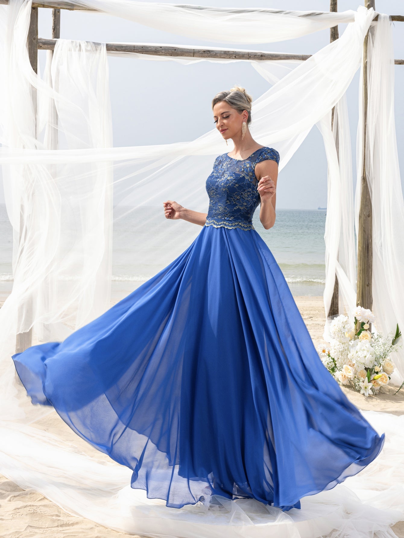 Womens' Elegant Evening Gown: Embroidered Lace Bodice & Flowing Chiffon Skirt – Diagonal Neckline & Cap Sleeves Formal Dress