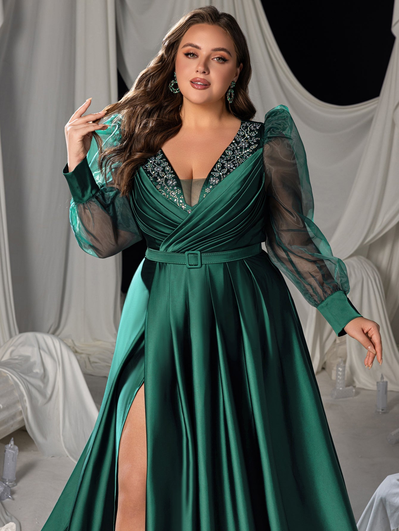 Plus Satin A-line Evening Gown with V-Neck, Tulle Puff Sleeves and High Slit