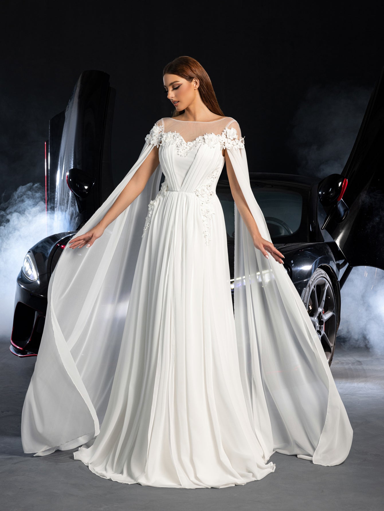 Elegant Applique Detail Boat Neck Ruched Front Cape Sleeves Chiffon W White / L Elegant Applique Detail Boat Neck Ruched Front Cape Sleeves Chiffon W White / L