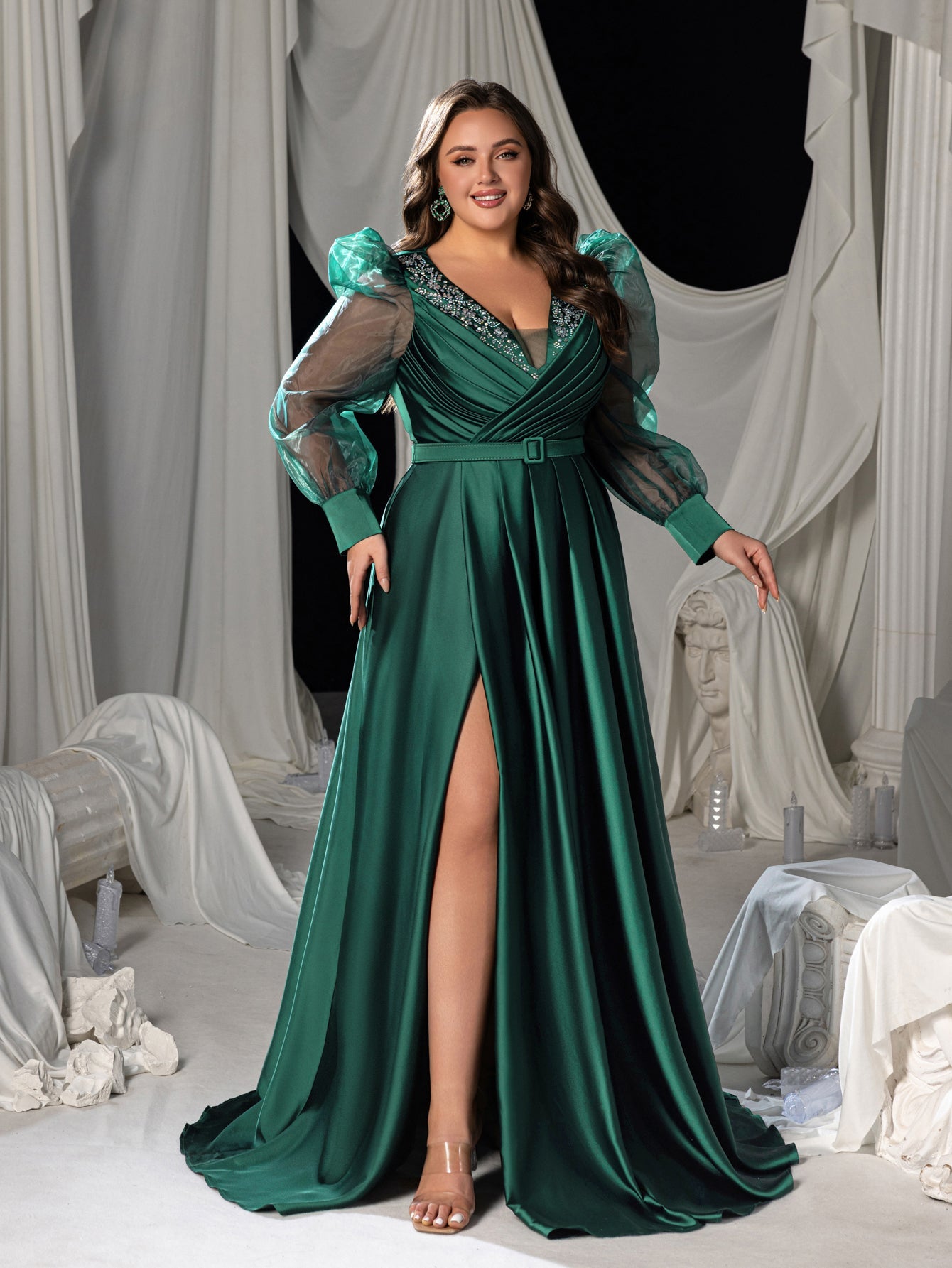 Plus Satin A-line Evening Gown with V-Neck, Tulle Puff Sleeves and High Slit