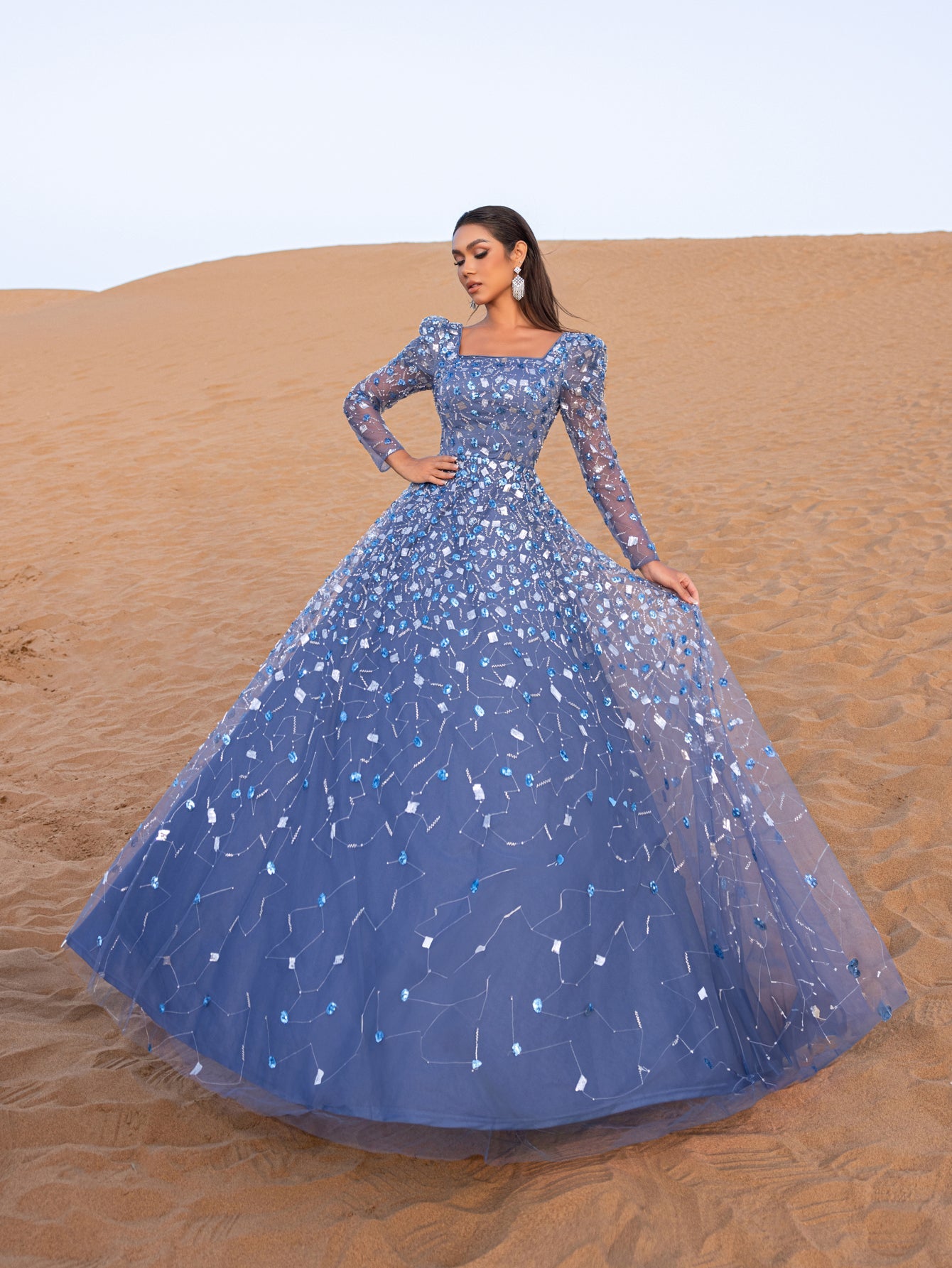 Luxury Gorgeous Square Collar Long Sleeves Beaded Sequin Formal Dress Blue Ashes / M Luxury Gorgeous Square Collar Long Sleeves Beaded Sequin Formal Dress Blue Ashes / M