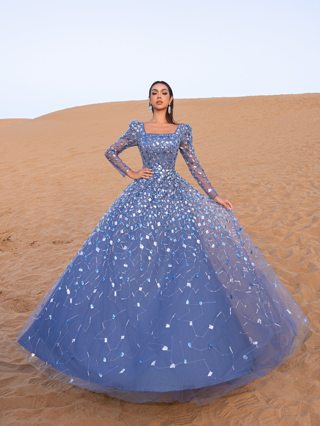 Luxury Gorgeous Square Collar Long Sleeves Beaded Sequin Formal Dress Blue Ashes / M