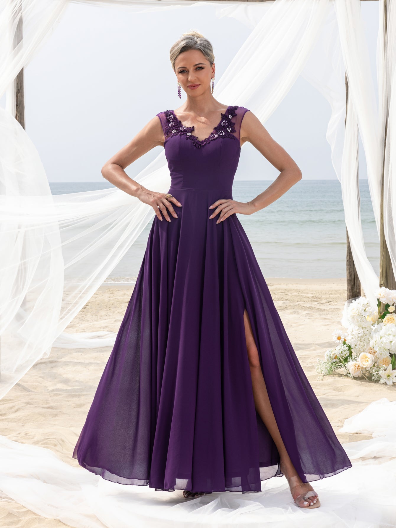 Womens' Elegant Mother-of-the-Bride Gown: Floral Appliqué V Neck & Chiffon Skirt – Open-Back Wedding Formal Dress