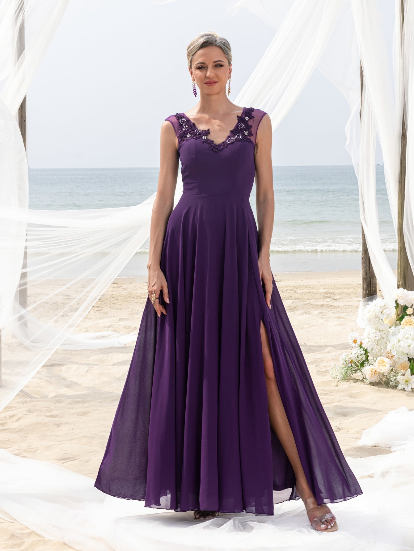 Womens' Elegant Mother-of-the-Bride Gown: Floral Appliqué V Neck & Chiffon Skirt – Open-Back Wedding Formal Dress