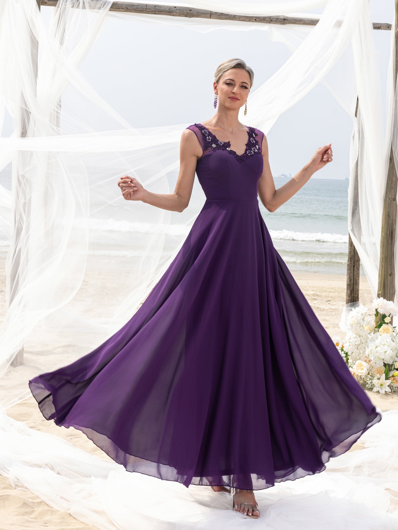 Womens' Elegant Mother-of-the-Bride Gown: Floral Appliqué V Neck & Chiffon Skirt – Open-Back Wedding Formal Dress