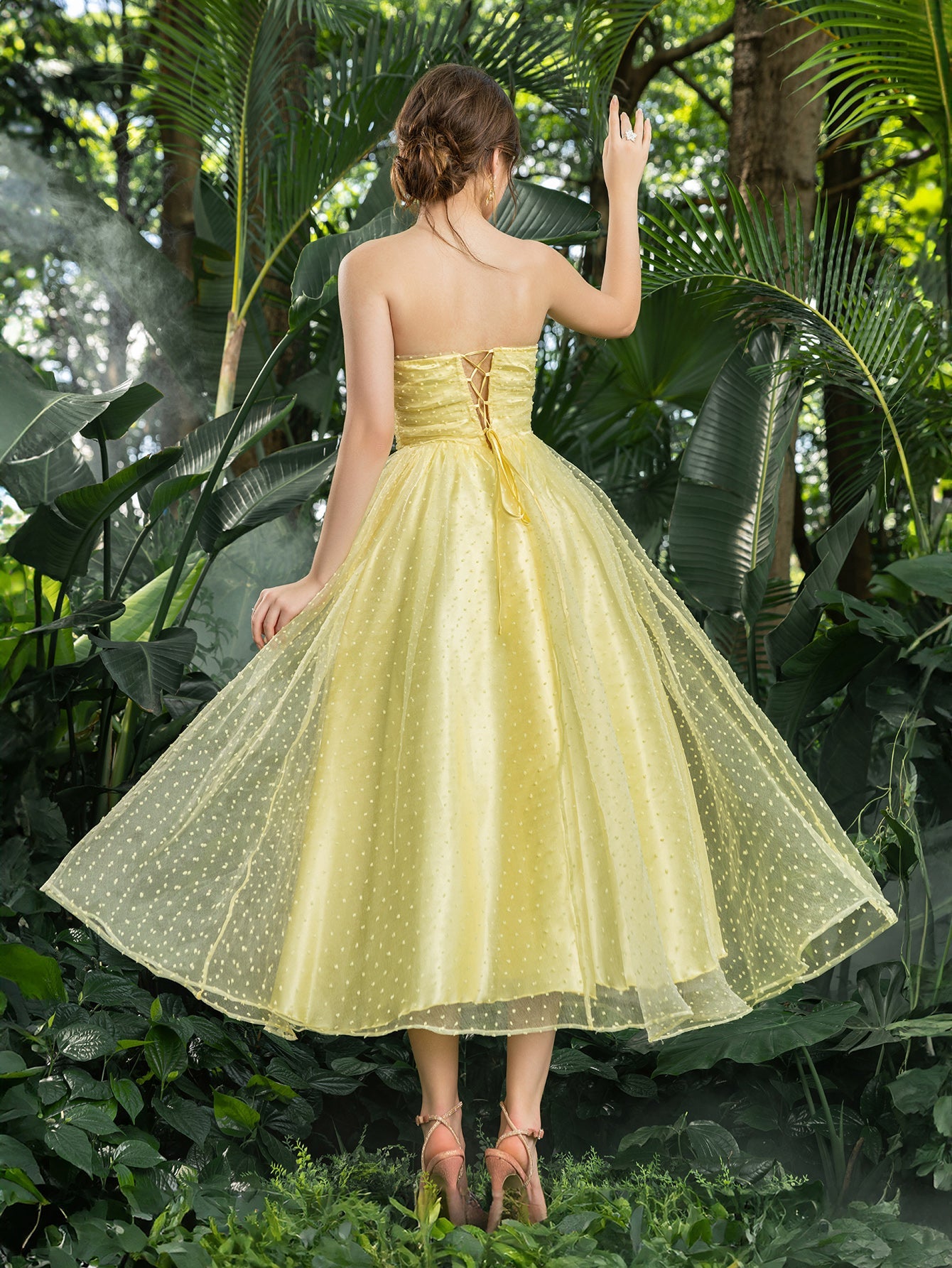 Elegant Strapless Midi Gown with Back Lace-up Spring/Summer Dress f Yellow / S Elegant Strapless Midi Gown with Back Lace-up Spring/Summer Dress f Yellow / S