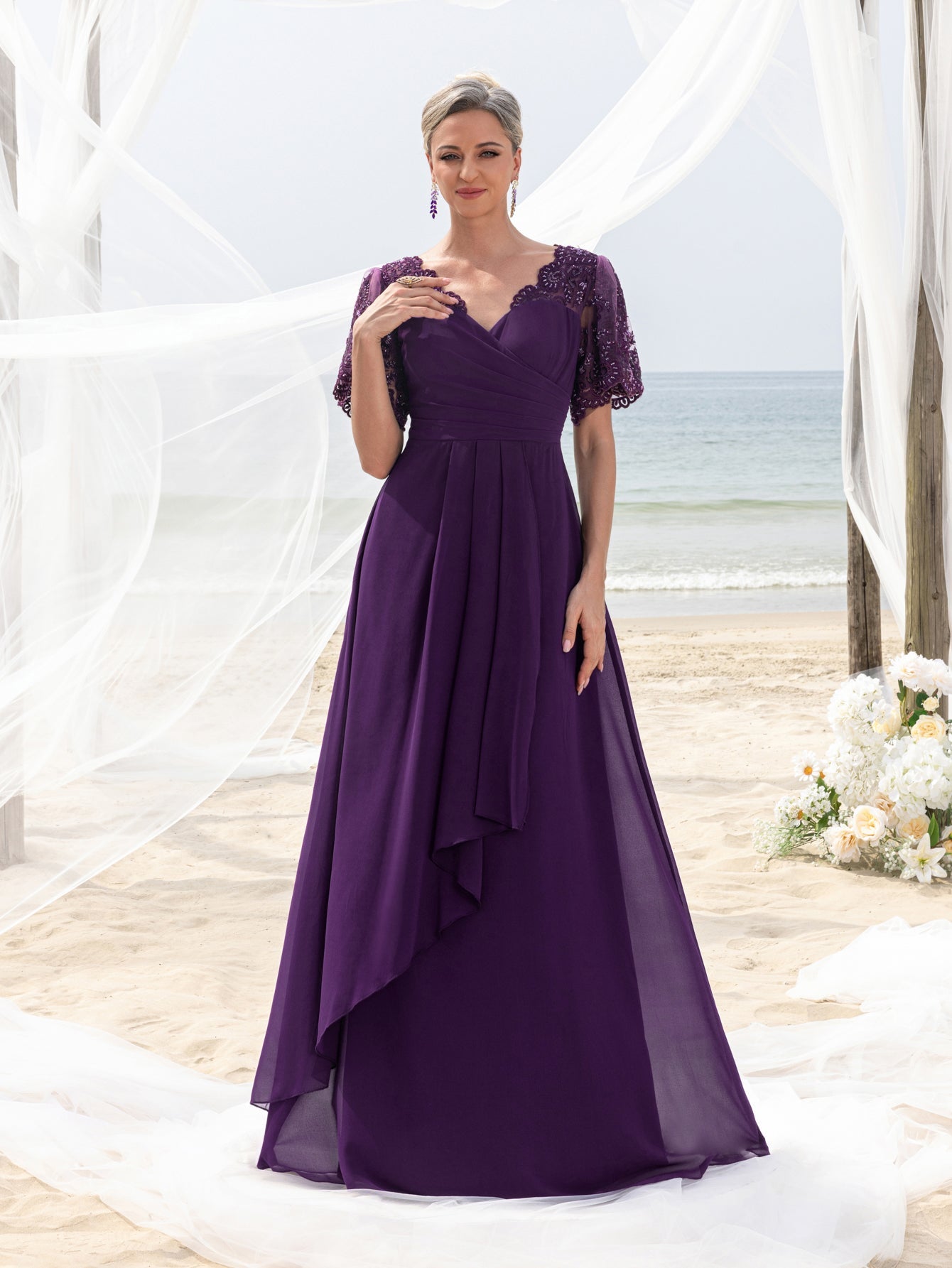 Womens' Evening Gown with Lace Short Sleeves, Sparkling Beaded Accents & Flowing Cascading Skirt – Dramatic Deep V-Neck Formal Dress