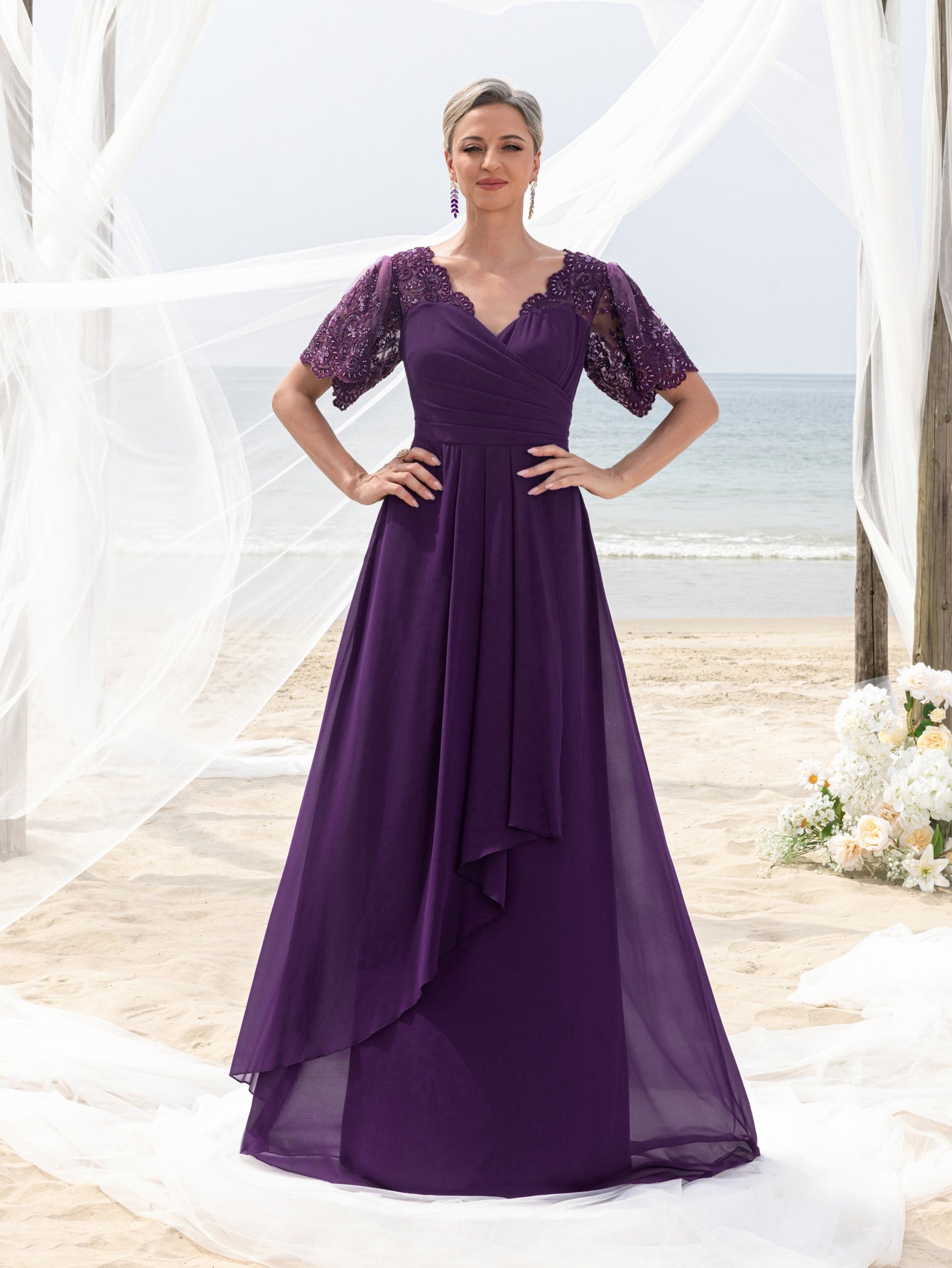 Womens' Evening Gown with Lace Short Sleeves, Sparkling Beaded Accents & Flowing Cascading Skirt – Dramatic Deep V-Neck Formal Dress