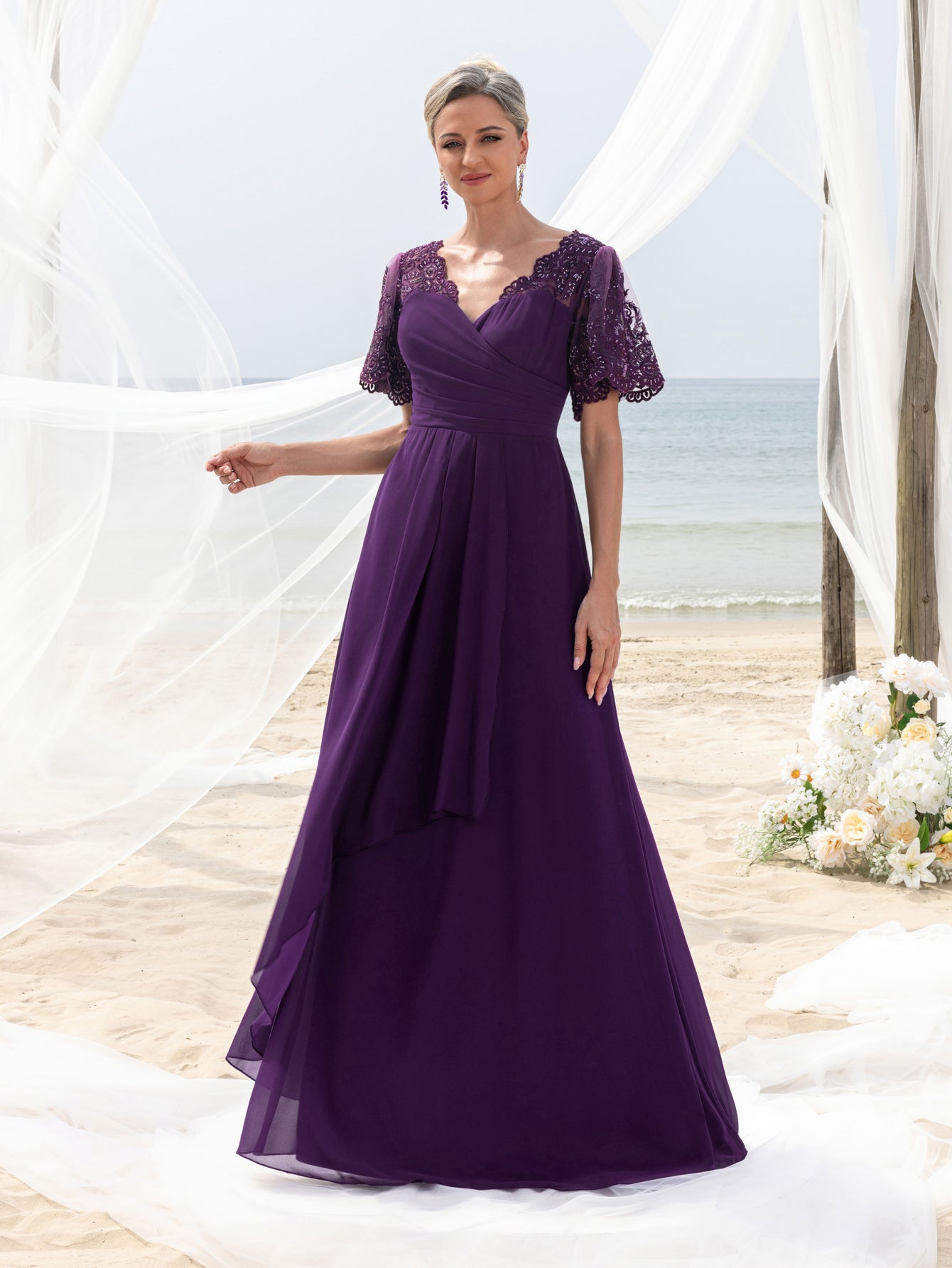 Womens' Evening Gown with Lace Short Sleeves, Sparkling Beaded Accents & Flowing Cascading Skirt – Dramatic Deep V-Neck Formal Dress