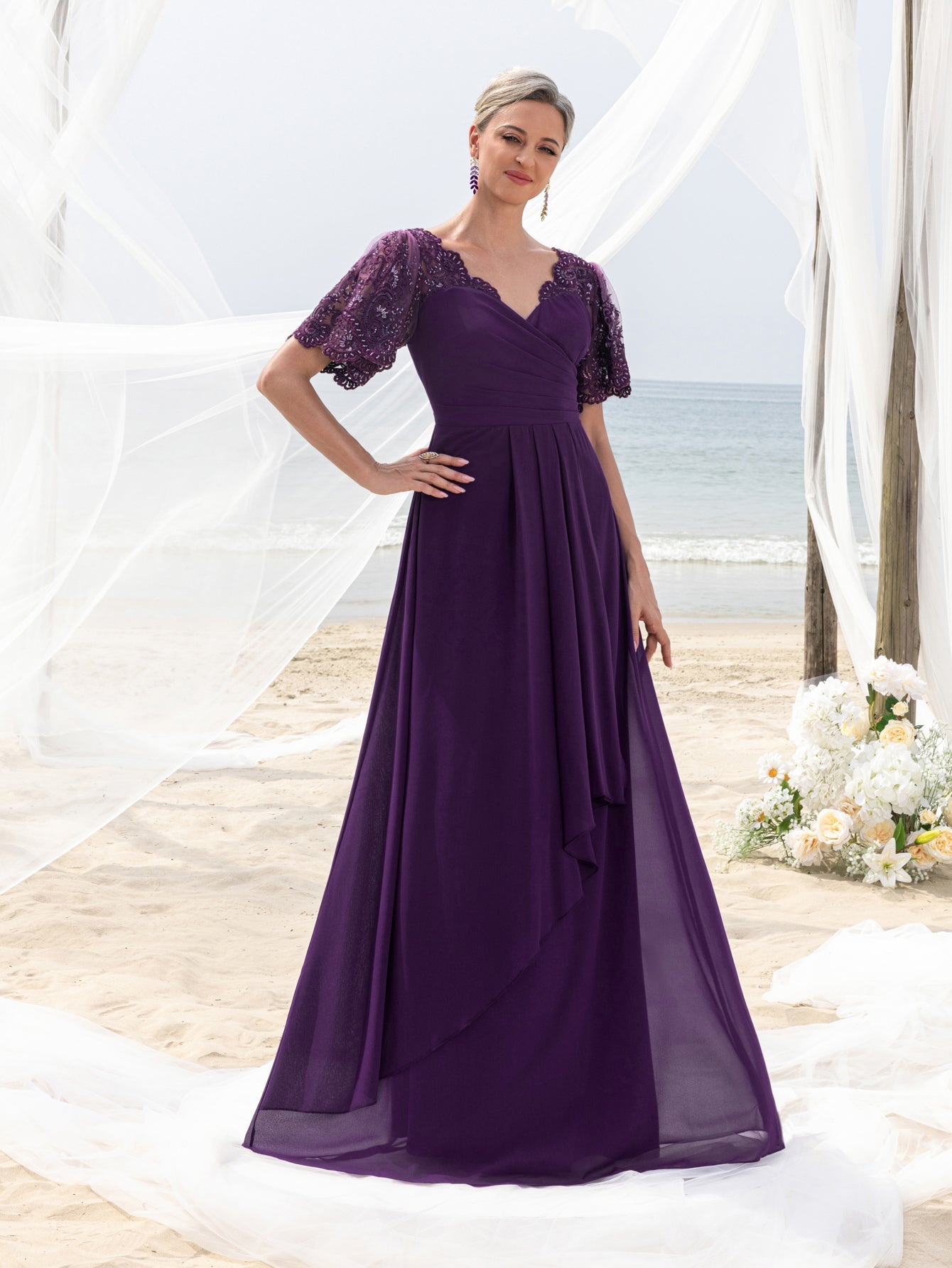 Womens' Evening Gown with Lace Short Sleeves, Sparkling Beaded Accents & Flowing Cascading Skirt – Dramatic Deep V-Neck Formal Dress