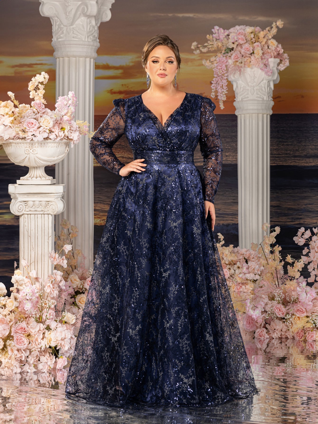 Plus Womens' Elegant Lace & Sequin Evening Gown - V-Neck Long Sleeve Design with Cinched Waist & Flowing A-Line Skirt for Coastal Weddings, Luxury Evening Events