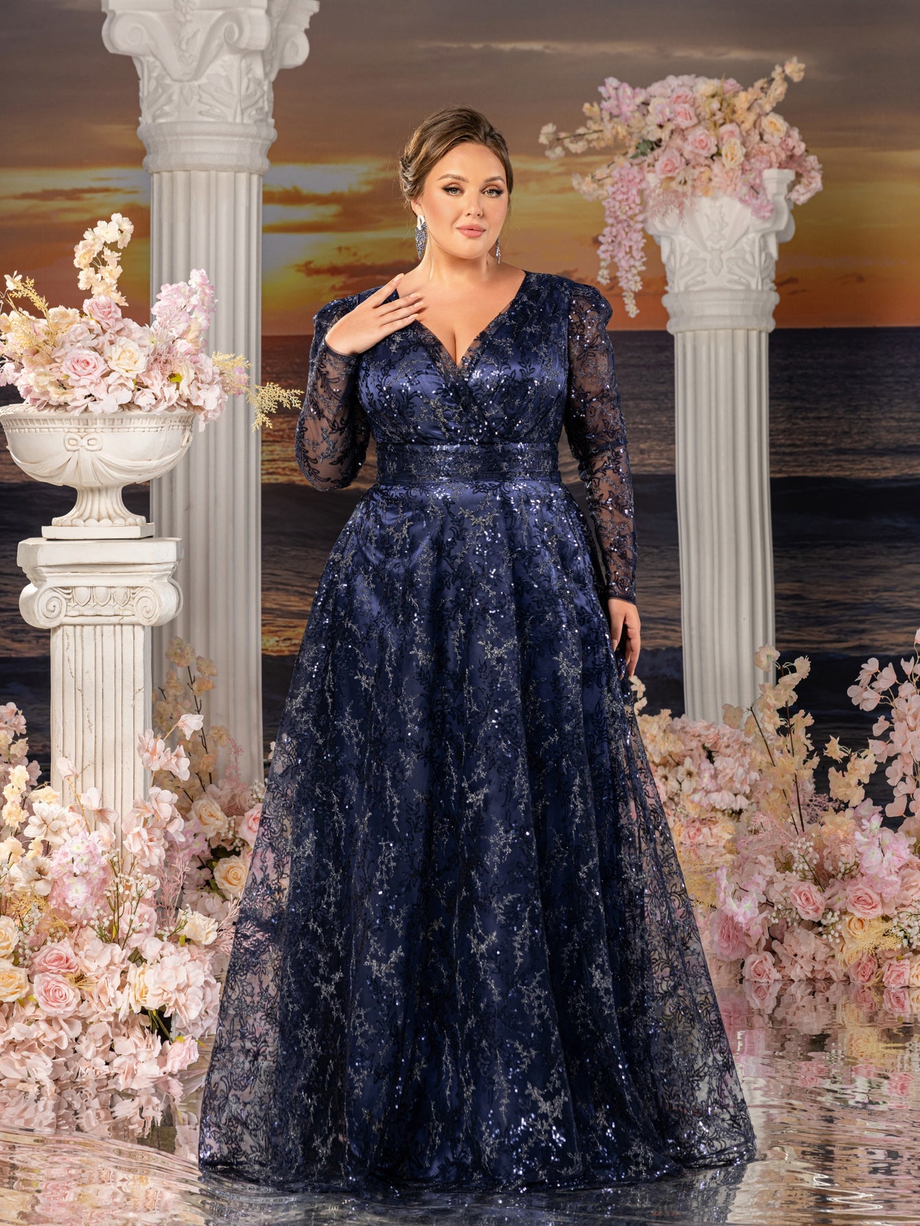 Plus Womens' Elegant Lace & Sequin Evening Gown - V-Neck Long Sleeve Design with Cinched Waist & Flowing A-Line Skirt for Coastal Weddings, Luxury Evening Events