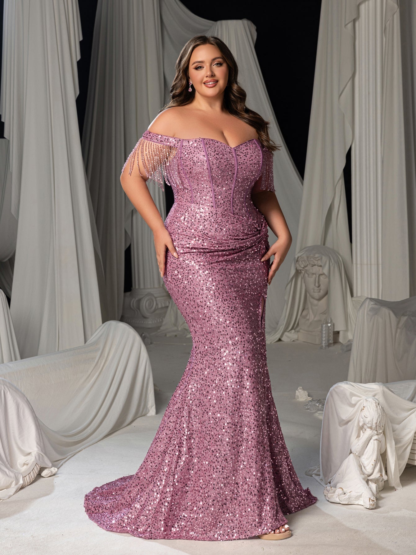 Plus Elegant Off-Shoulder Sequin Evening Gown - Beaded Fringe Mermaid Dress with Thigh Slit