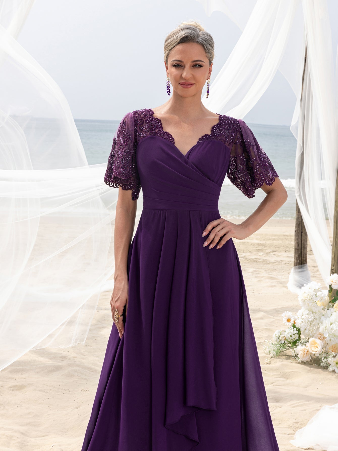 Womens' Evening Gown with Lace Short Sleeves, Sparkling Beaded Accents & Flowing Cascading Skirt – Dramatic Deep V-Neck Formal Dress