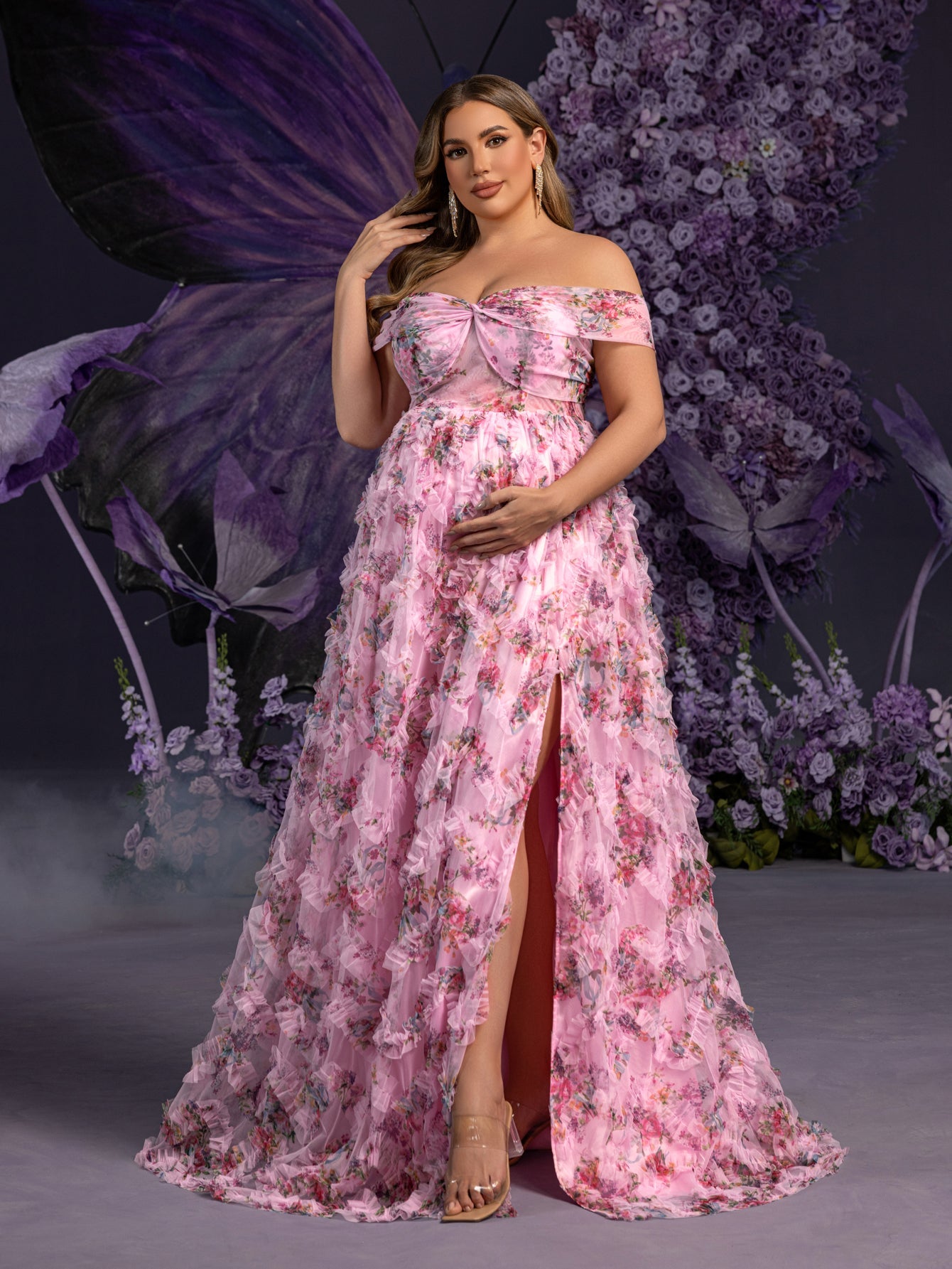 Plus Maternity  Off Shoulder Ruffle Trim Split Floral Mesh Party Dress