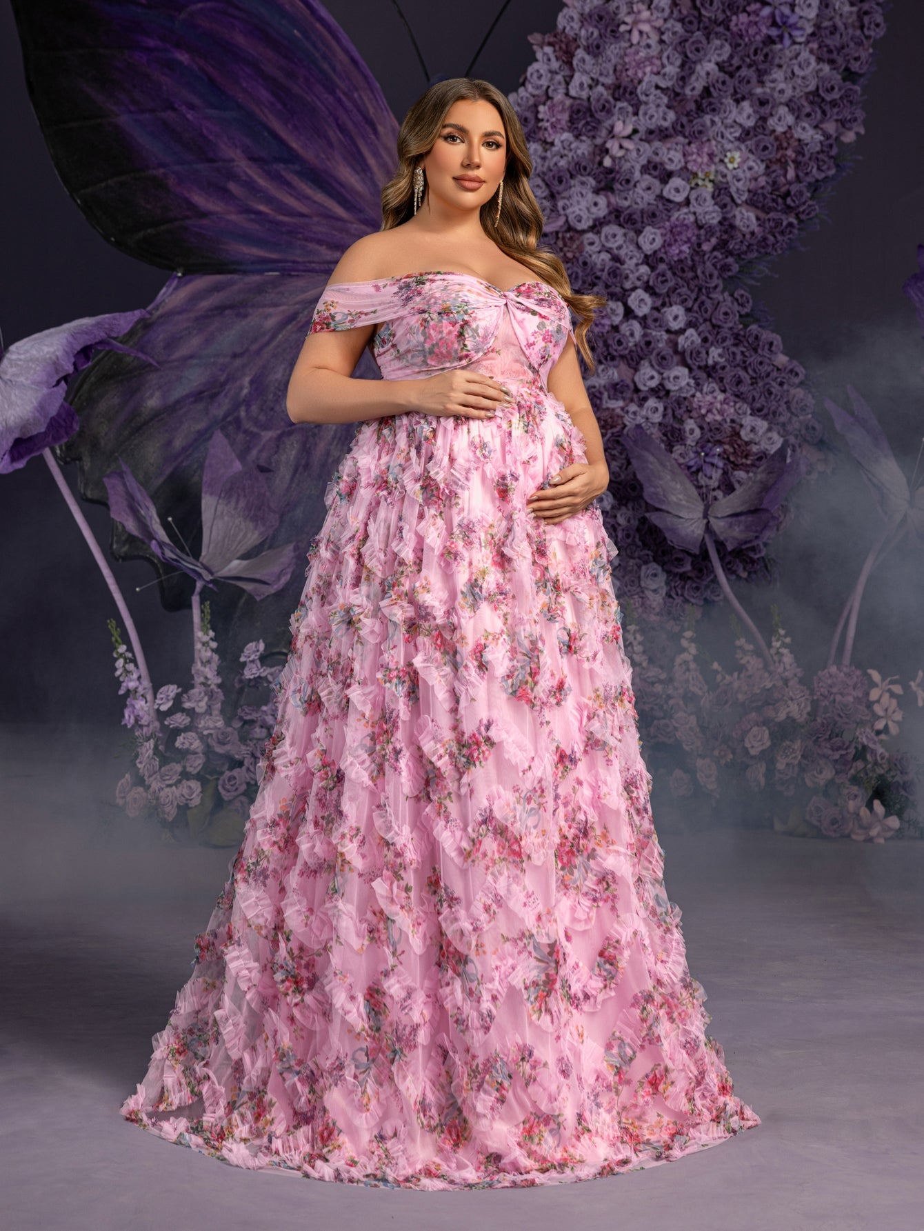 Plus Maternity  Off Shoulder Ruffle Trim Split Floral Mesh Party Dress