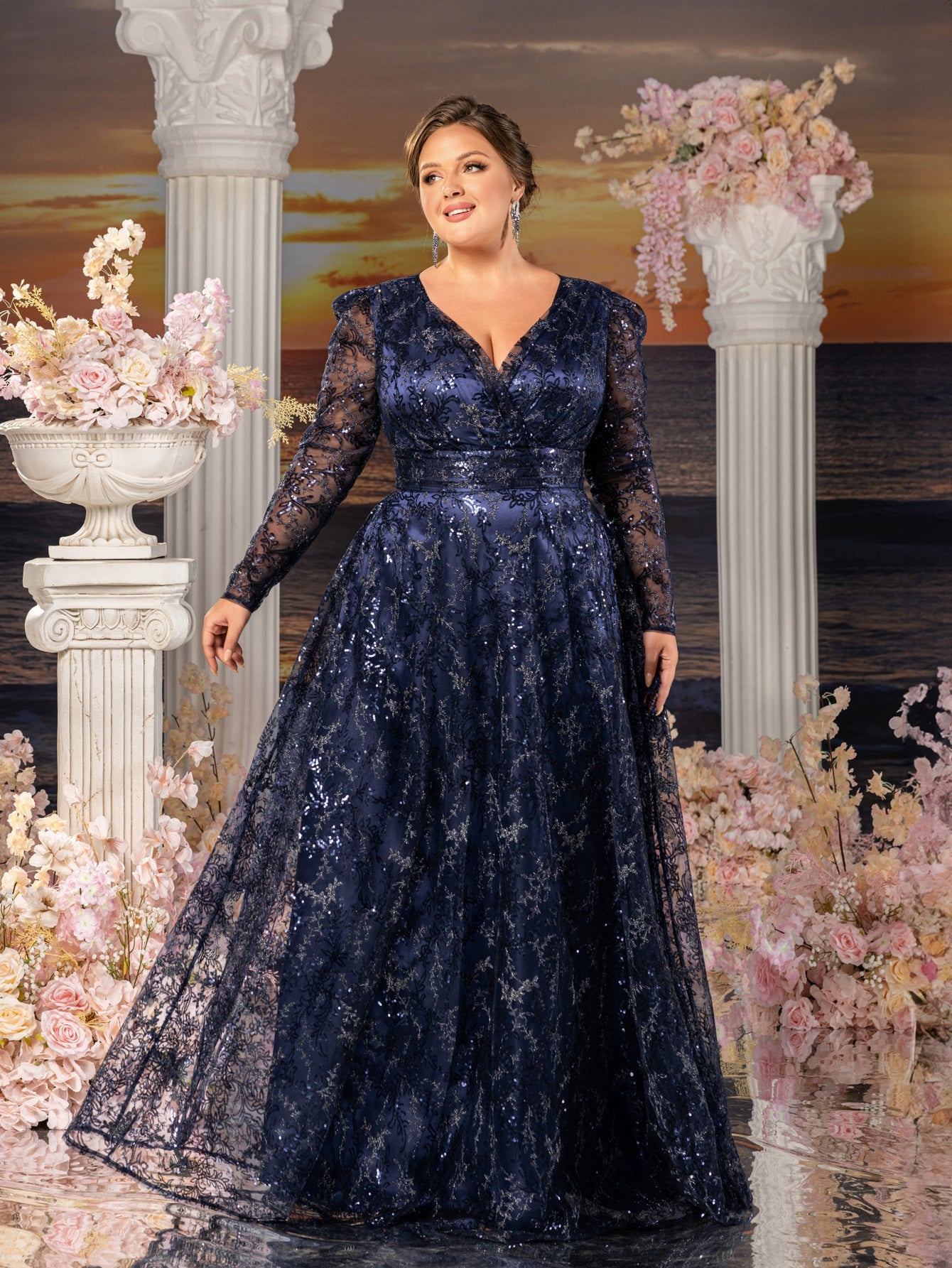 Plus Womens' Elegant Lace & Sequin Evening Gown - V-Neck Long Sleeve Design with Cinched Waist & Flowing A-Line Skirt for Coastal Weddings, Luxury Evening Events