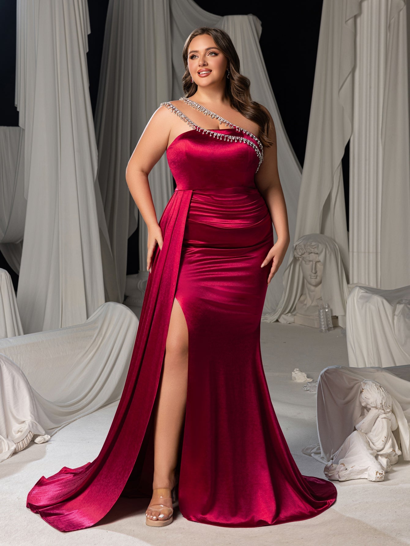 Plus Size Satin One-Shoulder Mermaid Evening Gown with High Slit & Rhinestone Chain