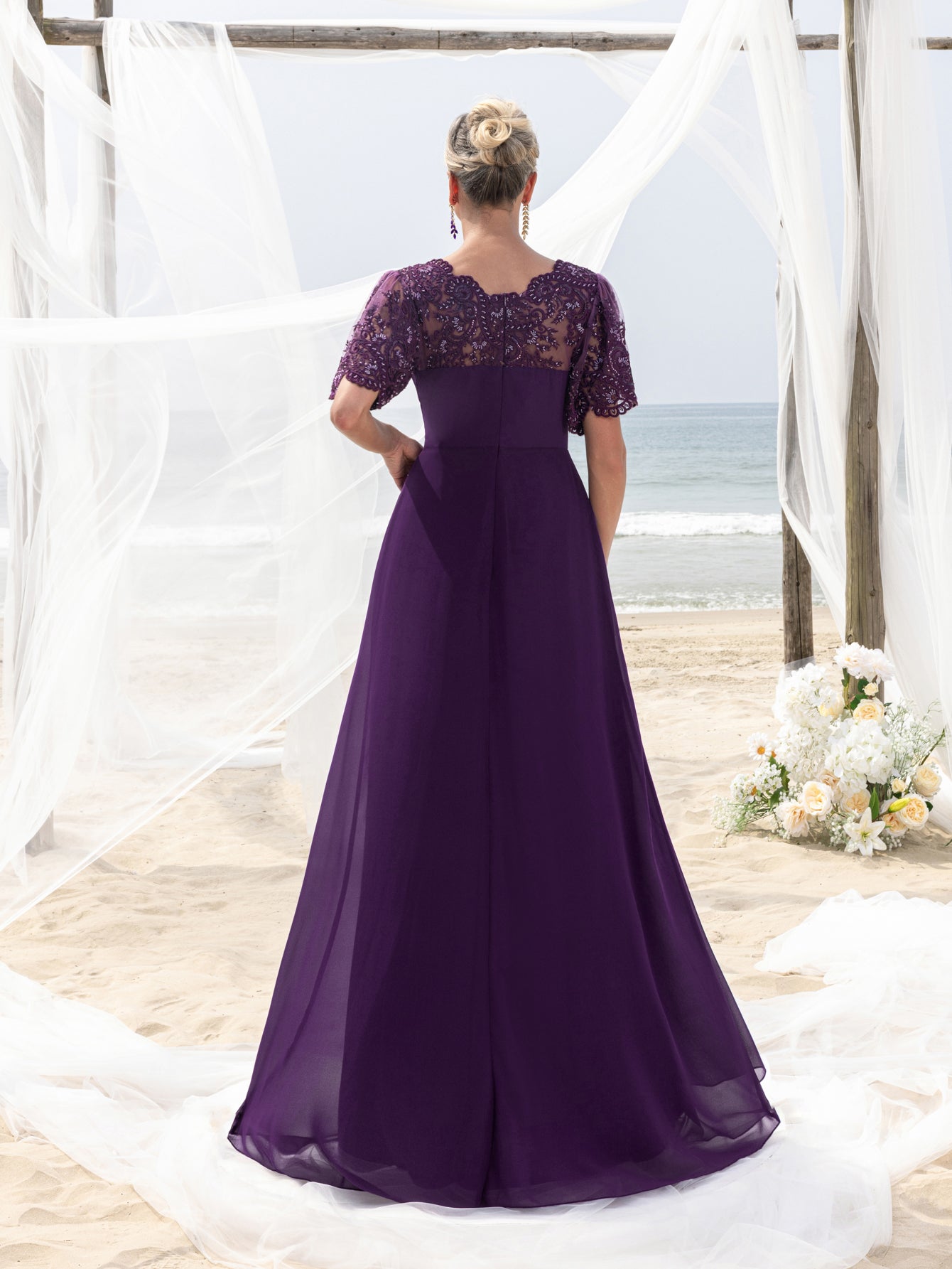 Womens' Evening Gown with Lace Short Sleeves, Sparkling Beaded Accents & Flowing Cascading Skirt – Dramatic Deep V-Neck Formal Dress