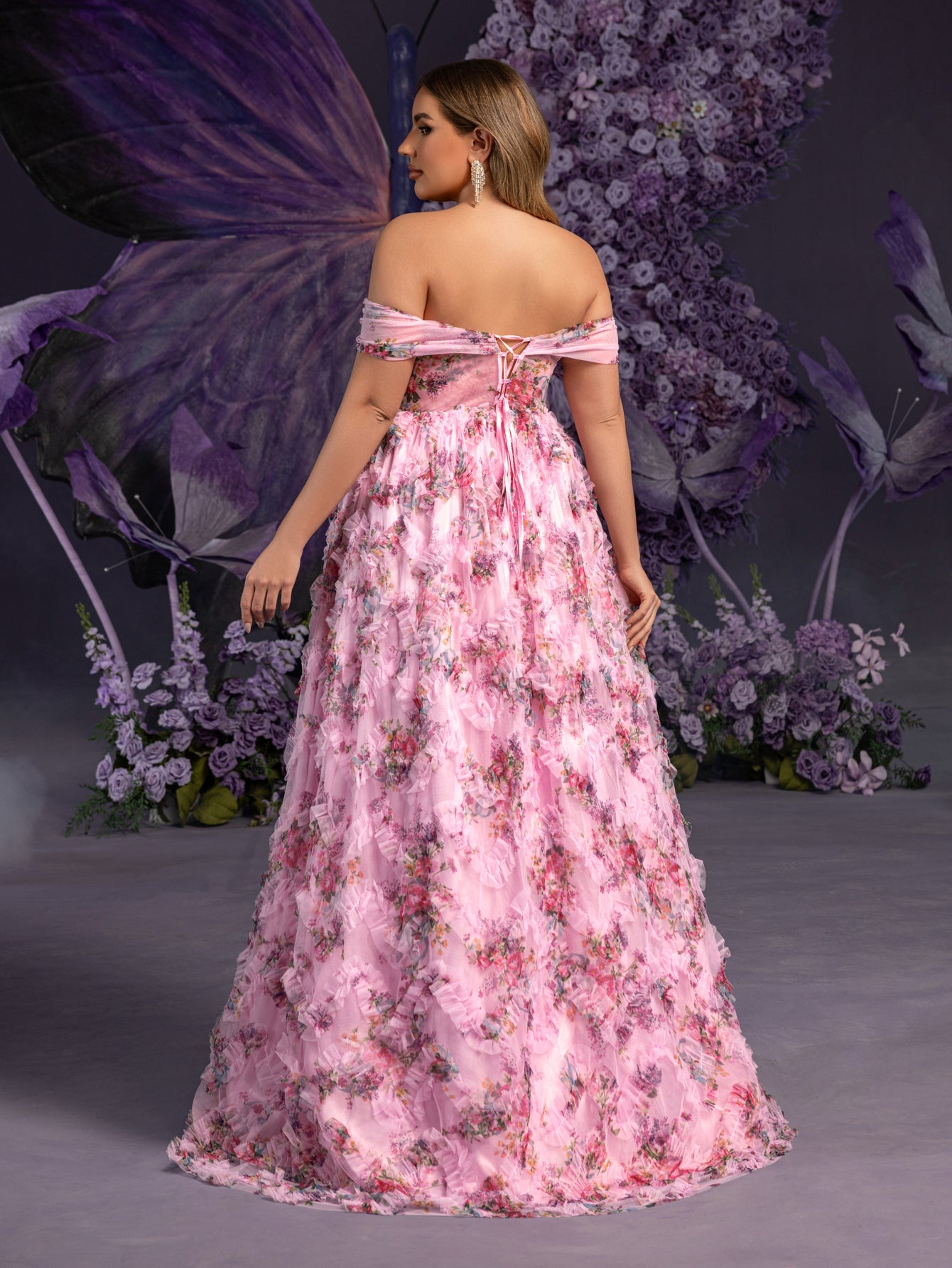 Plus Maternity  Off Shoulder Ruffle Trim Split Floral Mesh Party Dress