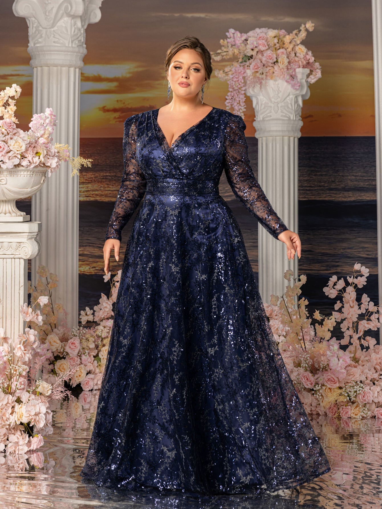 Plus Womens' Elegant Lace & Sequin Evening Gown - V-Neck Long Sleeve Design with Cinched Waist & Flowing A-Line Skirt for Coastal Weddings, Luxury Evening Events