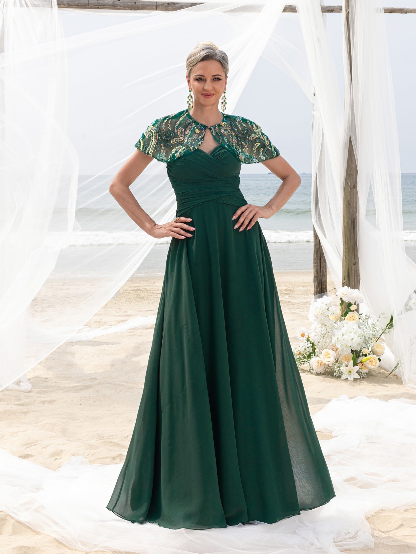 Womens' Elegant Mother-of-the-Bride Gown Sets: Multicolor Sequin Cape & Strapless Chiffon Maxi Dress
