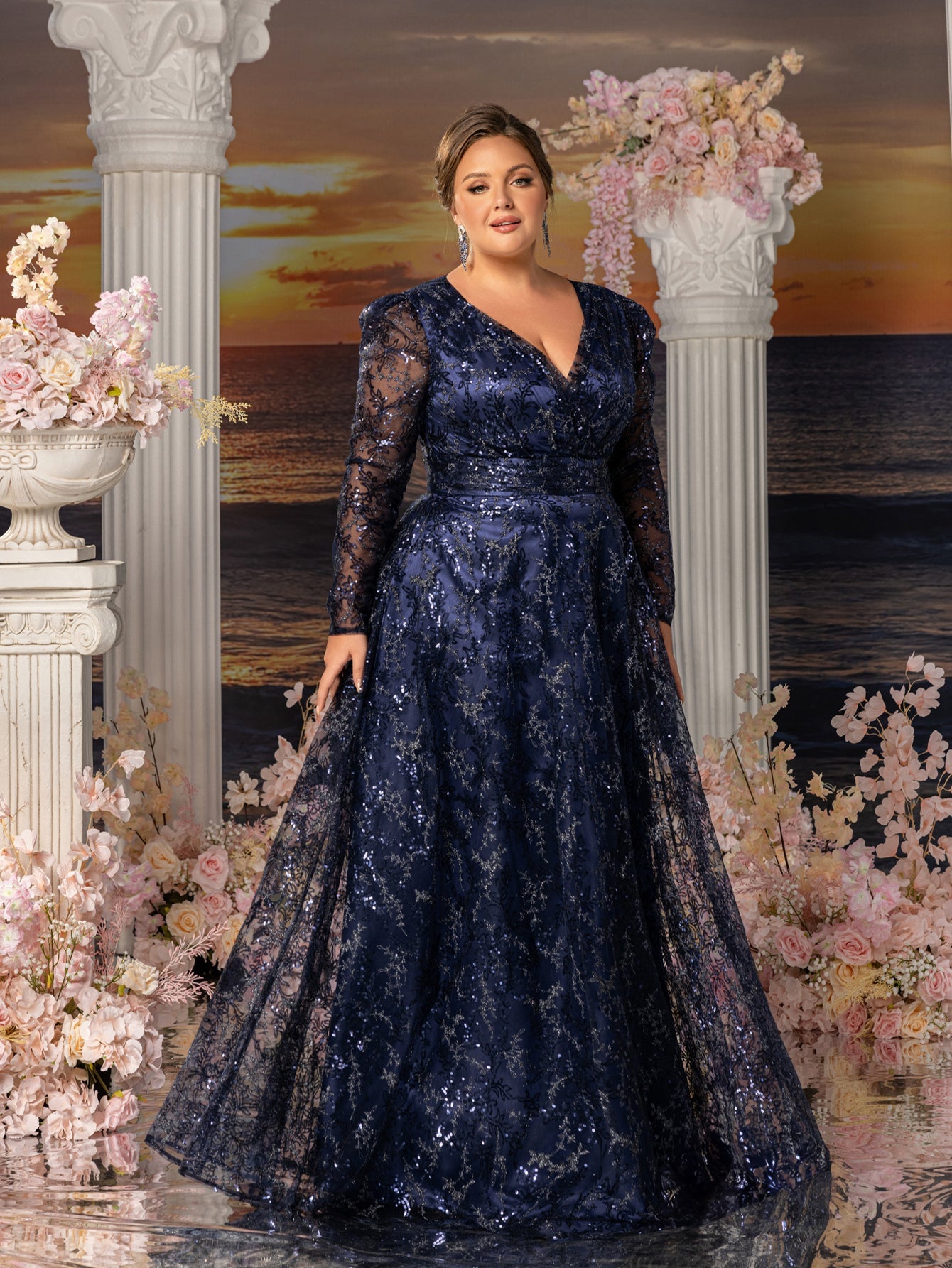 Plus Womens' Elegant Lace & Sequin Evening Gown - V-Neck Long Sleeve Design with Cinched Waist & Flowing A-Line Skirt for Coastal Weddings, Luxury Evening Events