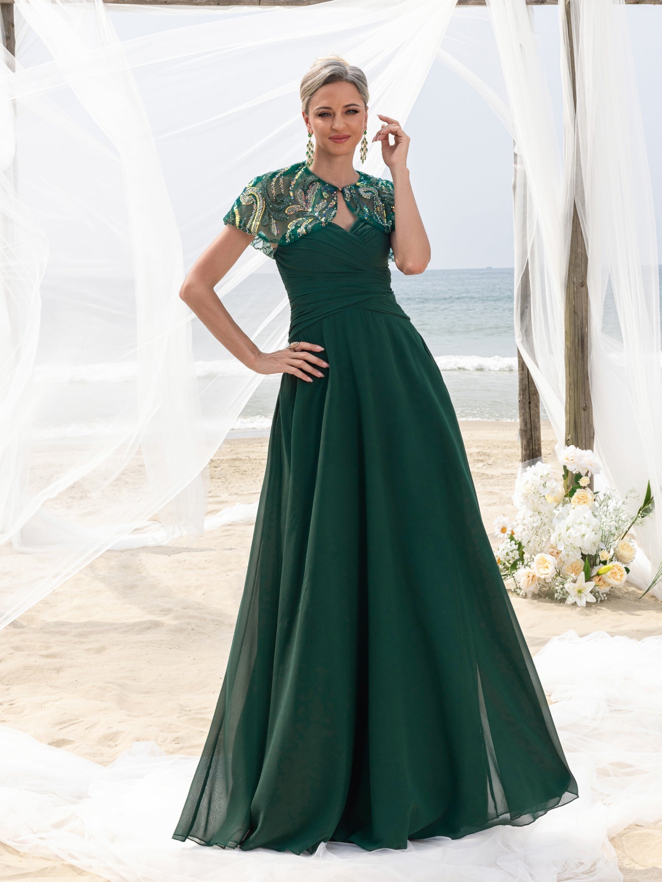 Womens' Elegant Mother-of-the-Bride Gown Sets: Multicolor Sequin Cape & Strapless Chiffon Maxi Dress