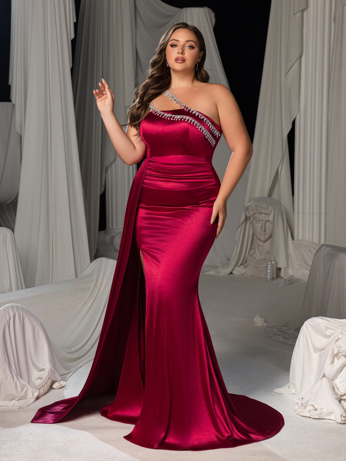 Plus Size Satin One-Shoulder Mermaid Evening Gown with High Slit & Rhinestone Chain