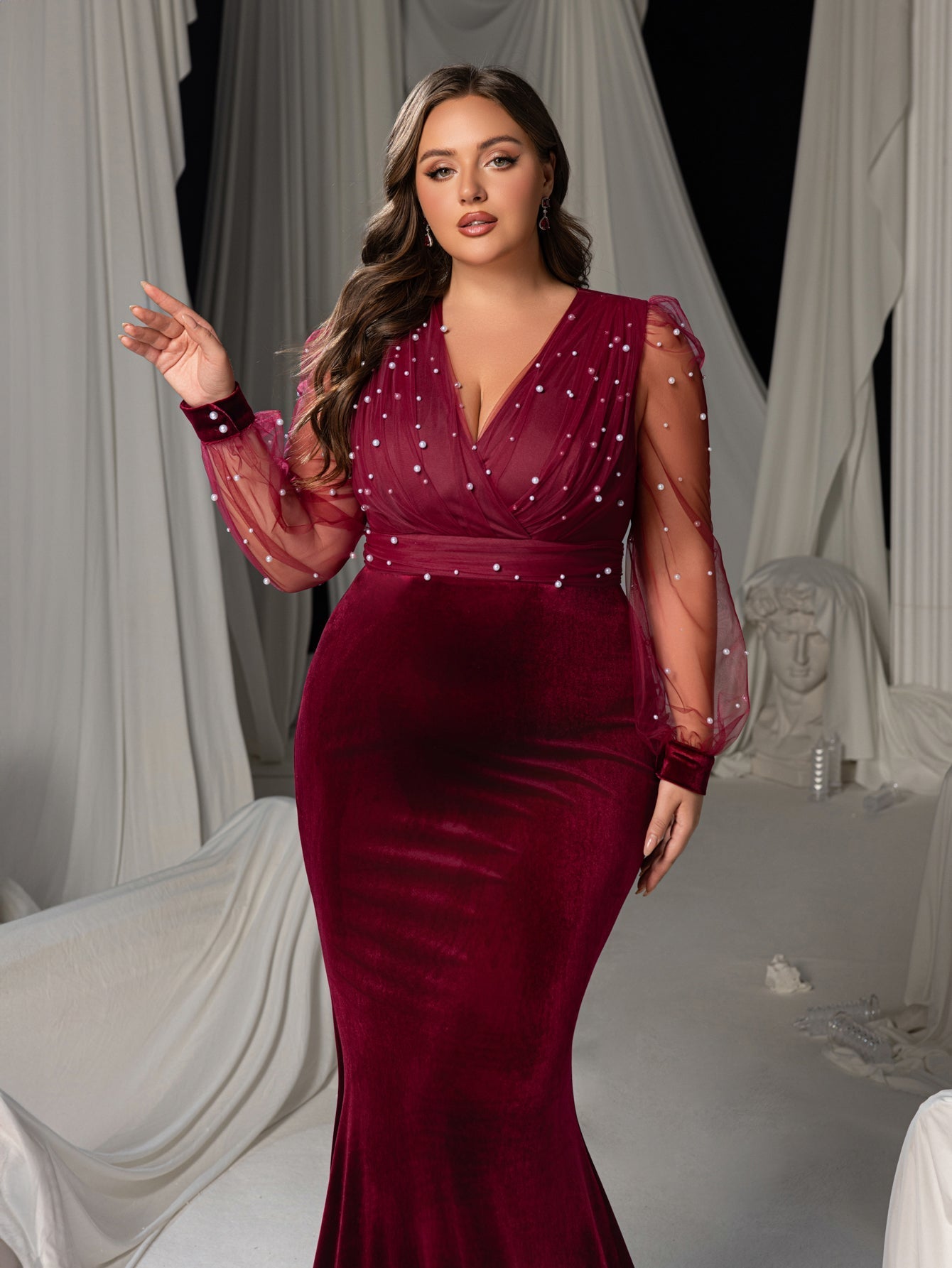 Plus Size V-Neck Puff Sleeves Velvet Mermaid Formal Dress with Pearl Accents