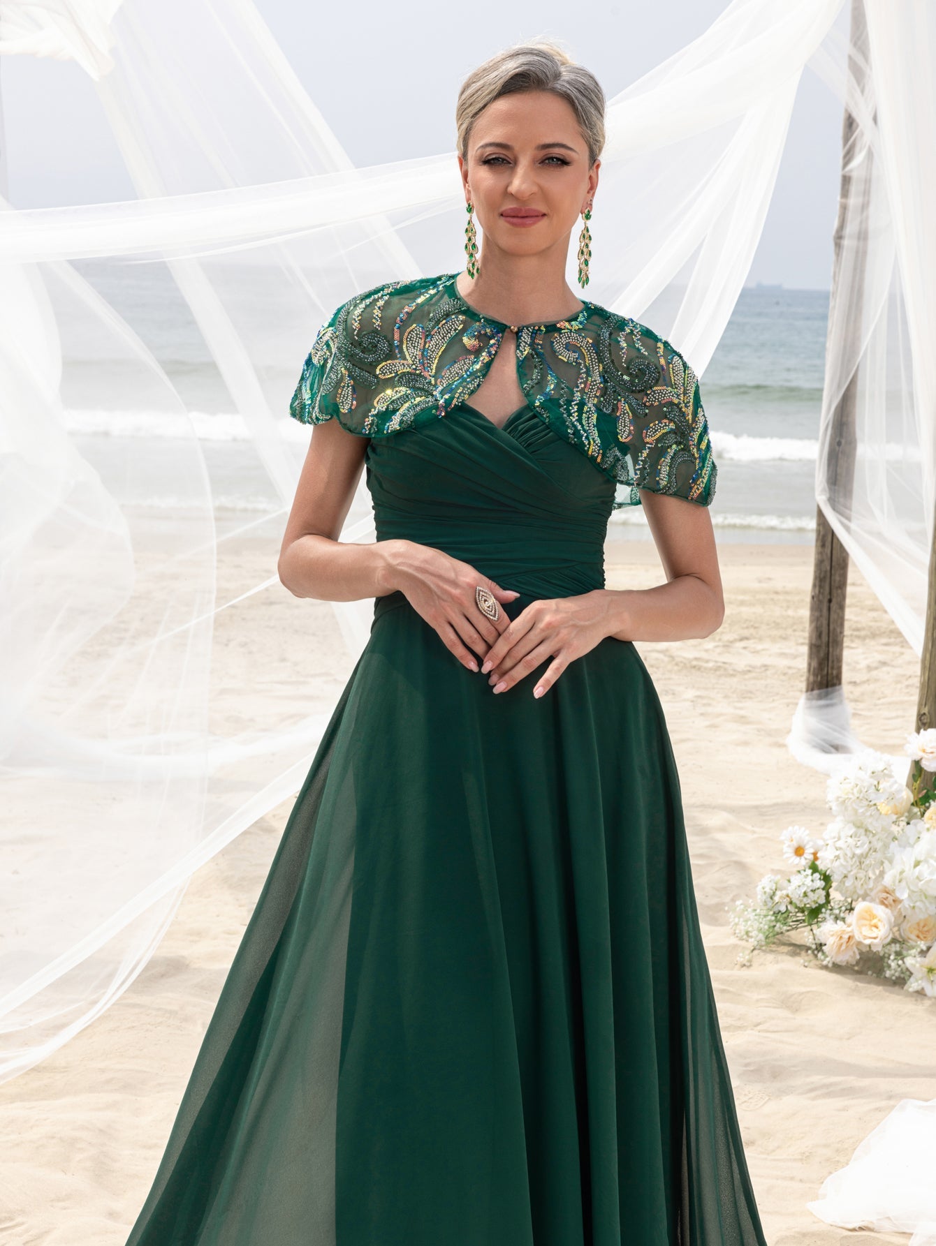 Womens' Elegant Mother-of-the-Bride Gown Sets: Multicolor Sequin Cape & Strapless Chiffon Maxi Dress