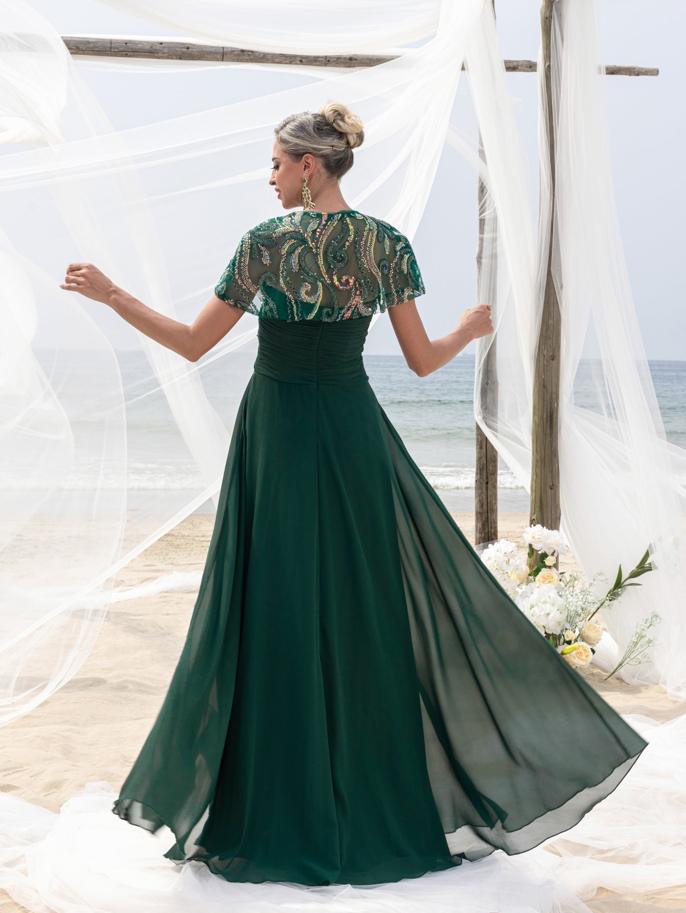 Womens' Elegant Mother-of-the-Bride Gown Sets: Multicolor Sequin Cape Dark Green / S Womens' Elegant Mother-of-the-Bride Gown Sets: Multicolor Sequin Cape Dark Green / S