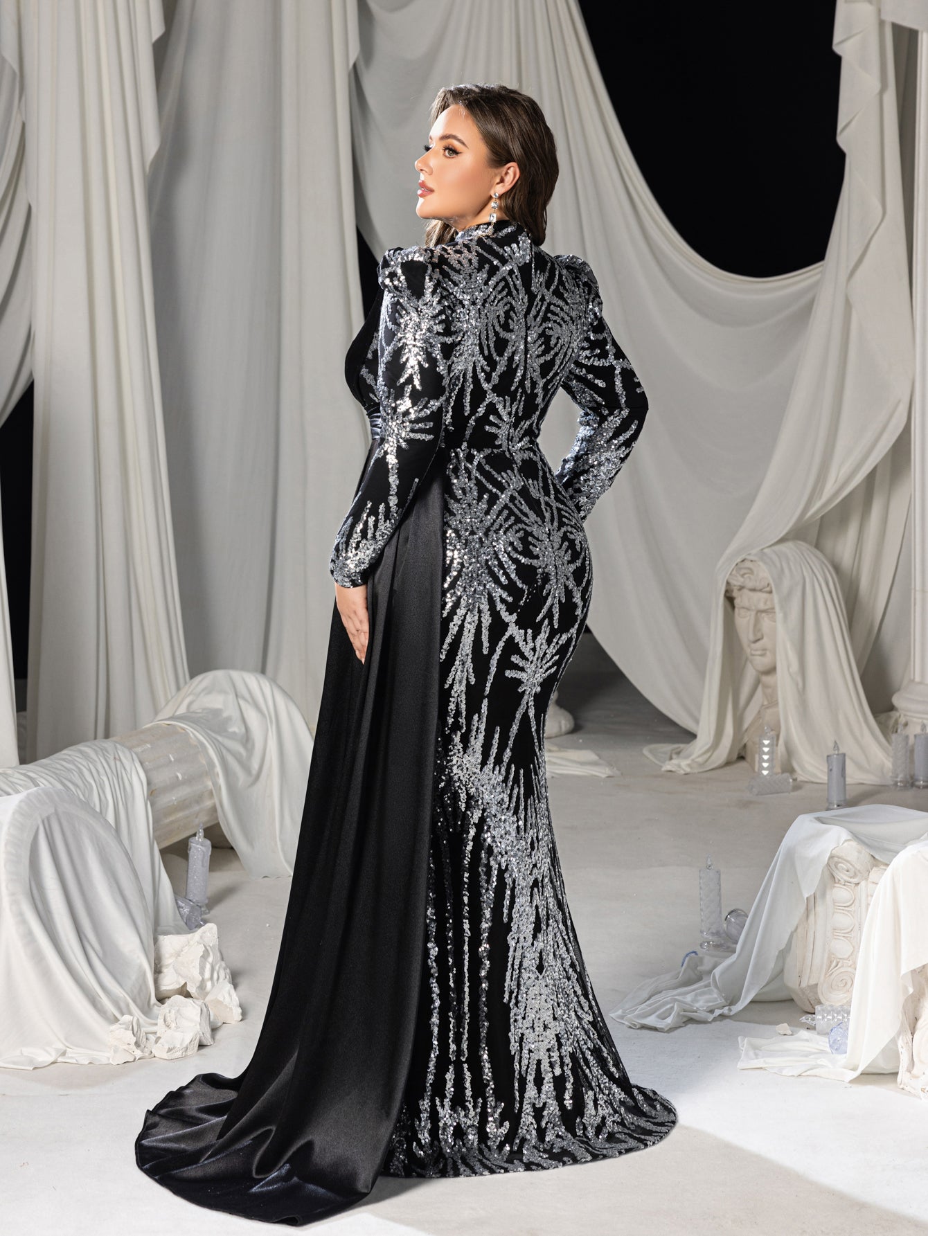Plus Sequined High-Neck Long-Sleeve Mermaid Gown with Satin Drapes & Black/Silver / 2XL Plus Sequined High-Neck Long-Sleeve Mermaid Gown with Satin Drapes & Black/Silver / 2XL