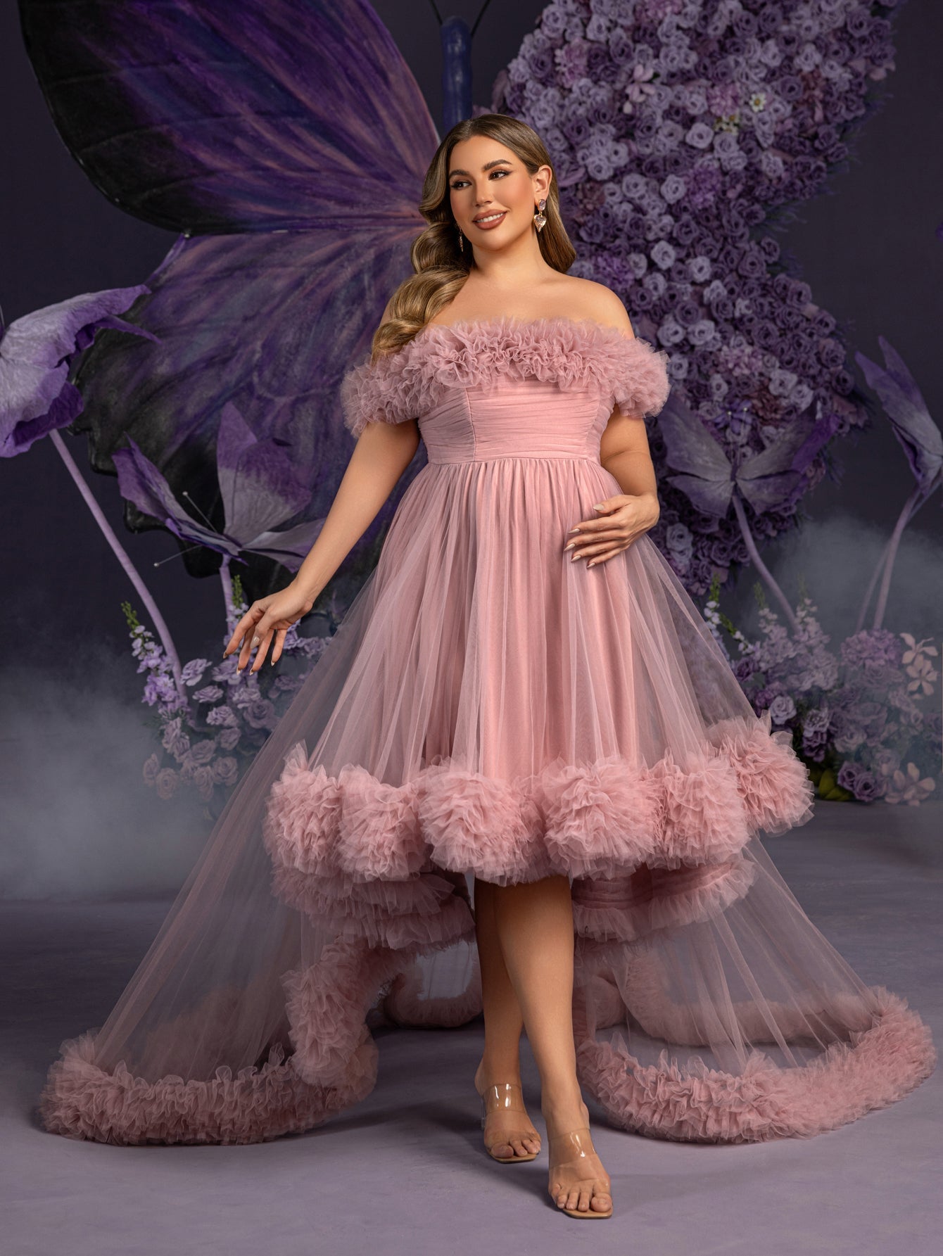 Plus Maternity  Off Shoulder High Low Hem Ruffle Trim Tulle Photography Dress