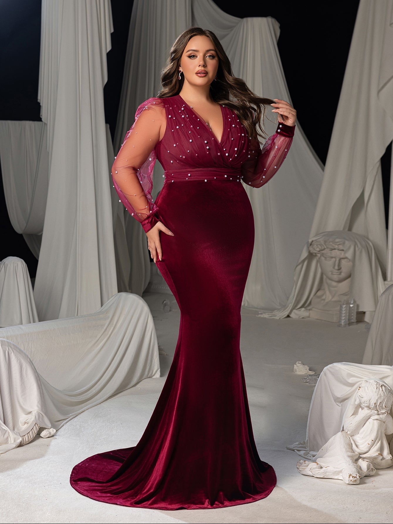 Plus Size V-Neck Puff Sleeves Velvet Mermaid Formal Dress with Pearl Accents
