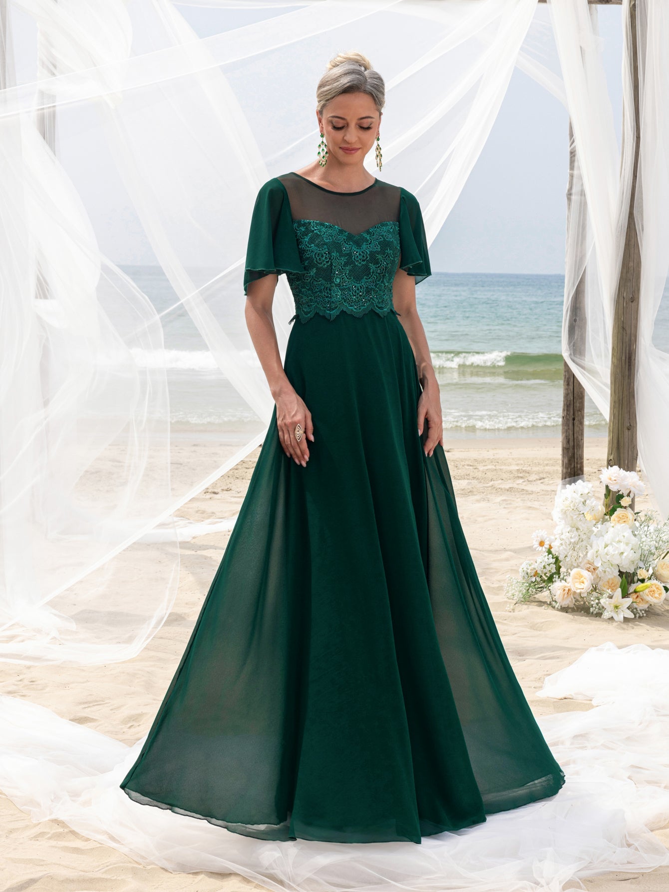 Womens' Elegant Lace Floor-Length Evening Gown for Mother of the Bride – Flared Short Sleeves, Chest-to-Waist Lace Motifs, Voluminous Flowing Skirt for Beach Coastal Weddings & Family Gatherings